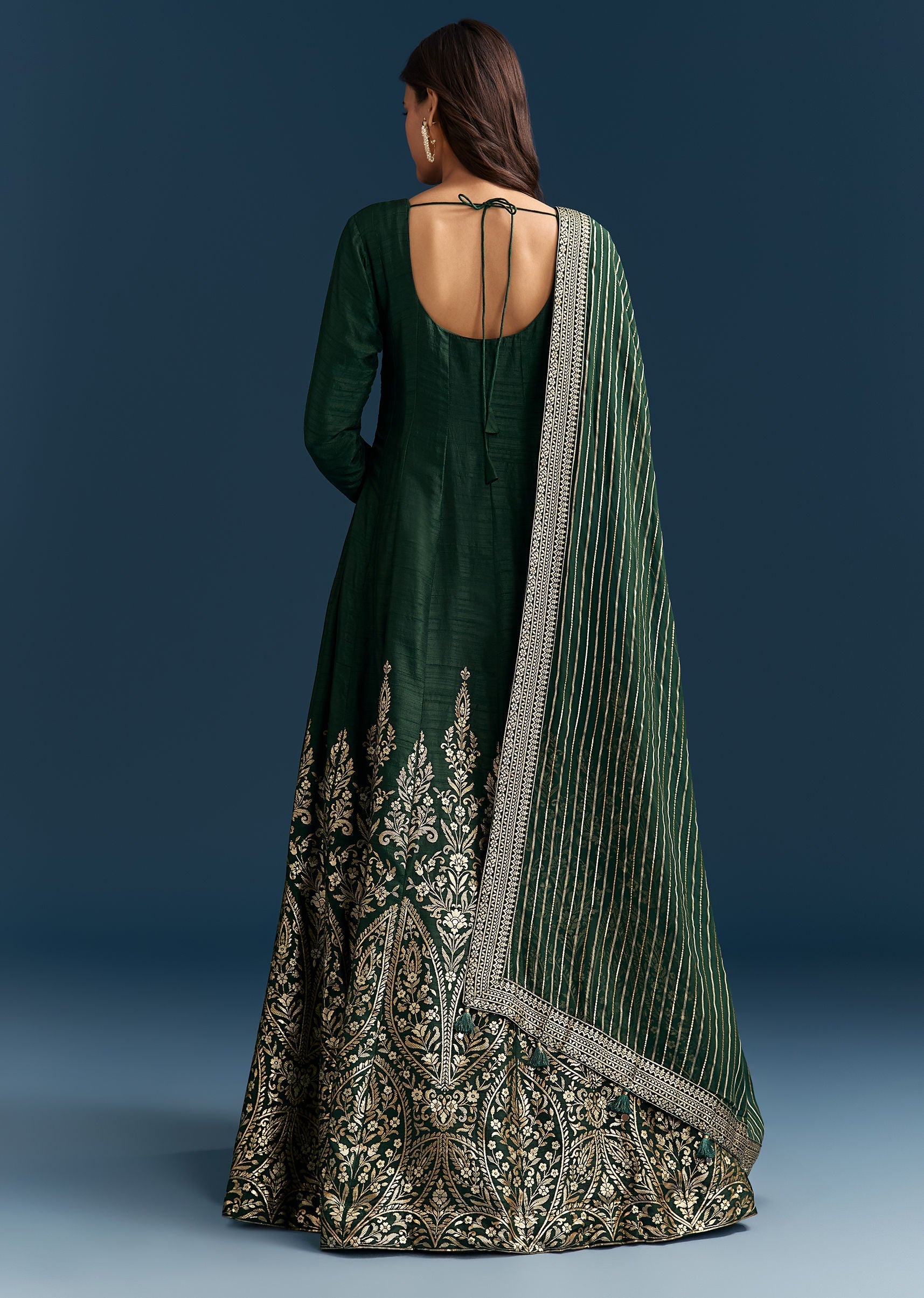 Dark Green Jacquard Silk Anarkali Suit With Festive Jacket Overlay