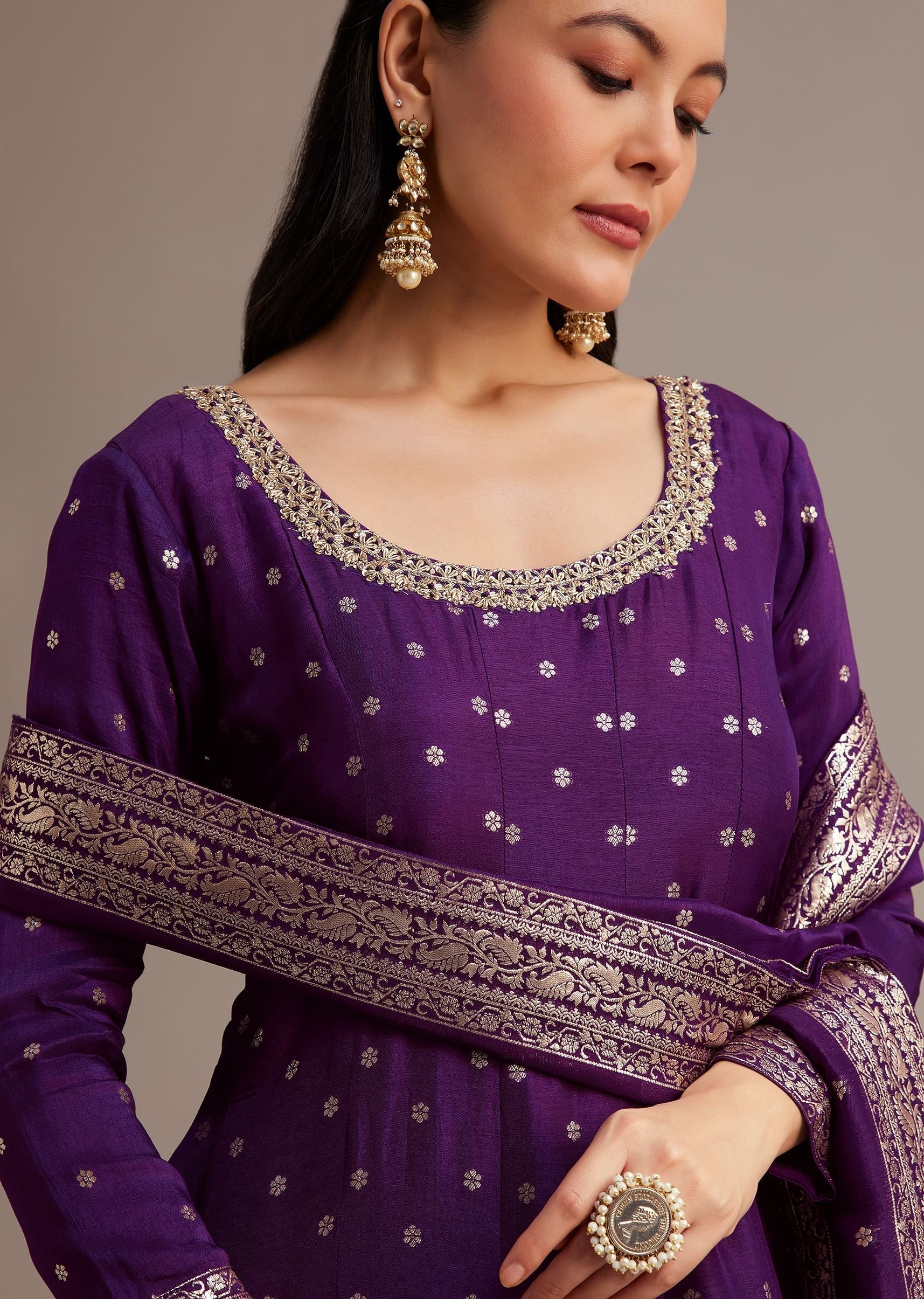 Dark Purple Gold Weave Anarkali Set With Banarasi Dupatta