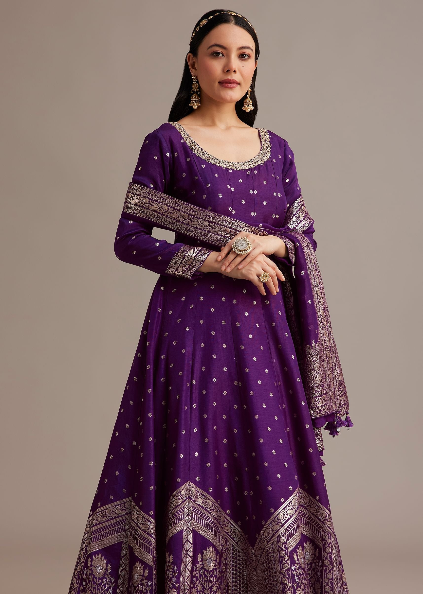 Dark Purple Gold Weave Anarkali Set With Banarasi Dupatta