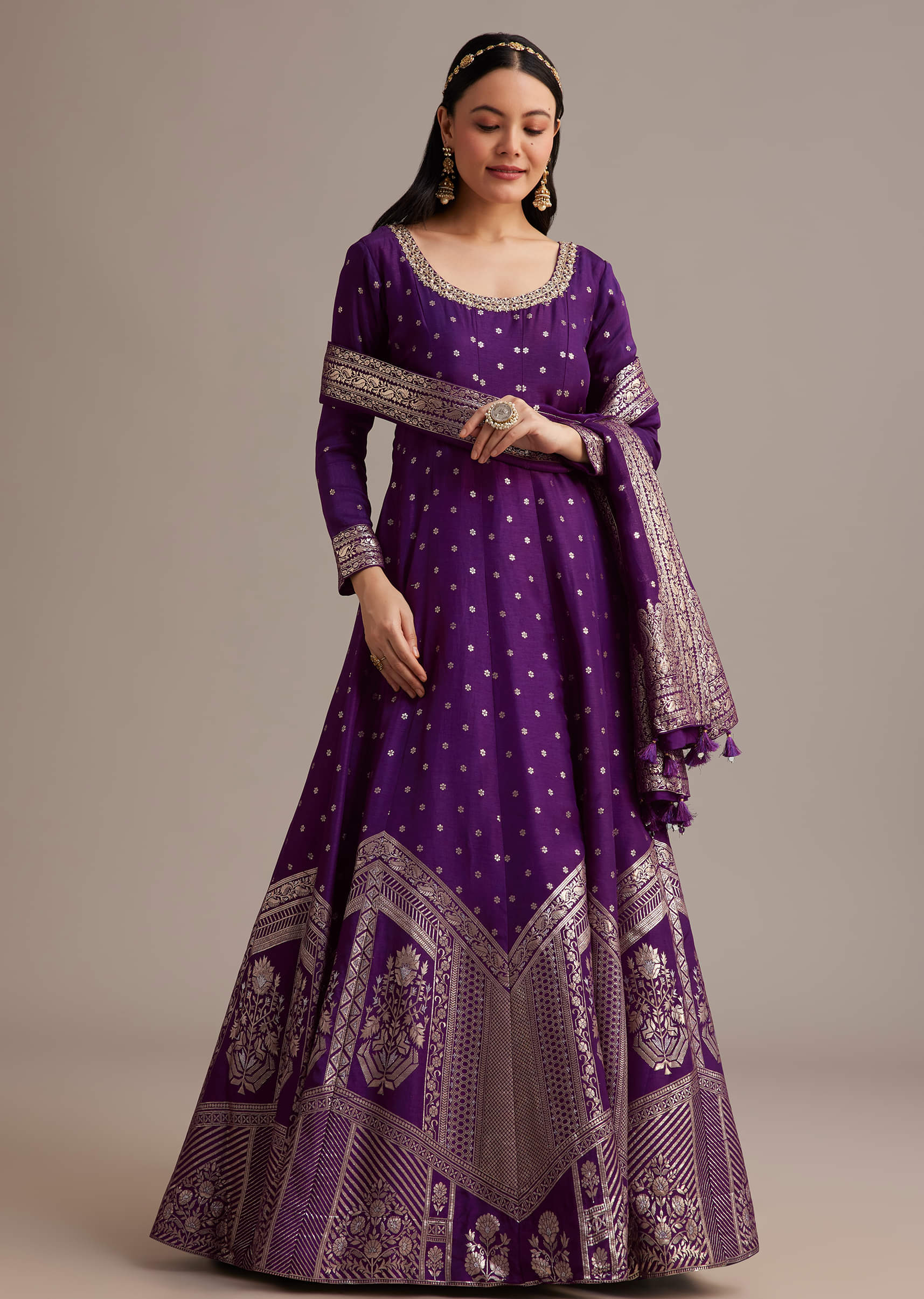 Dark Purple Gold Weave Anarkali Set With Banarasi Dupatta