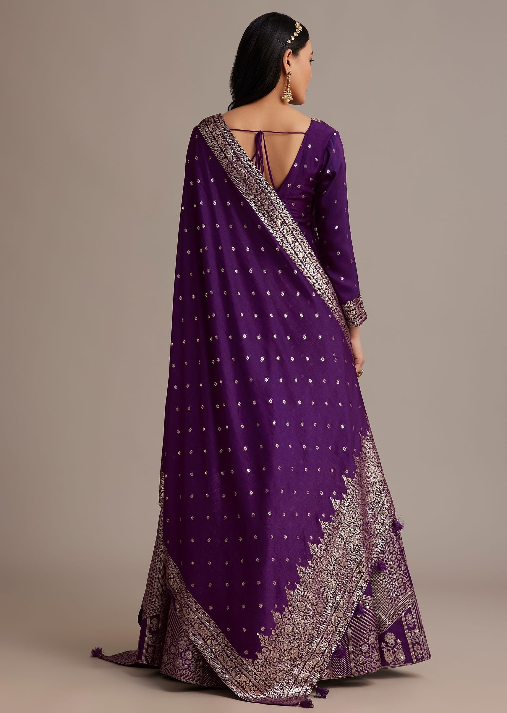 Dark Purple Gold Weave Anarkali Set With Banarasi Dupatta