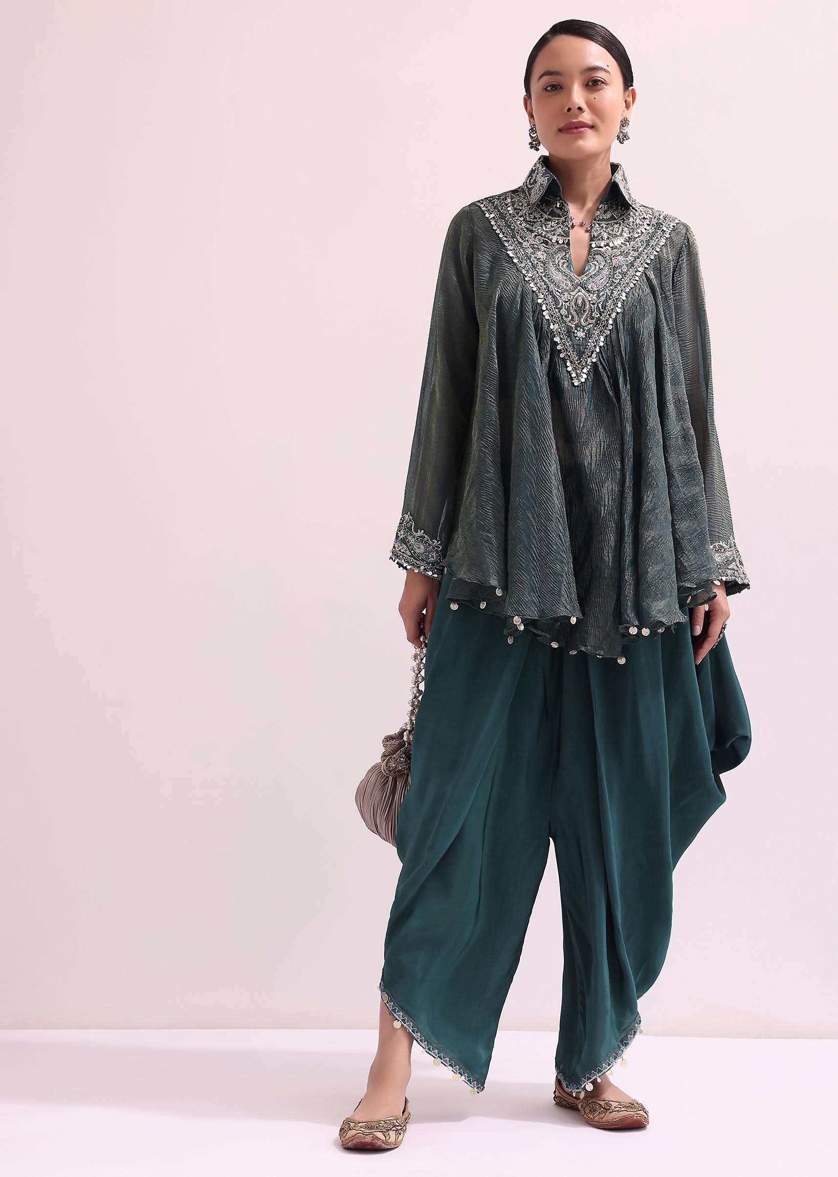 Teal Green Croptop And Dhoti With Embroidered Cape