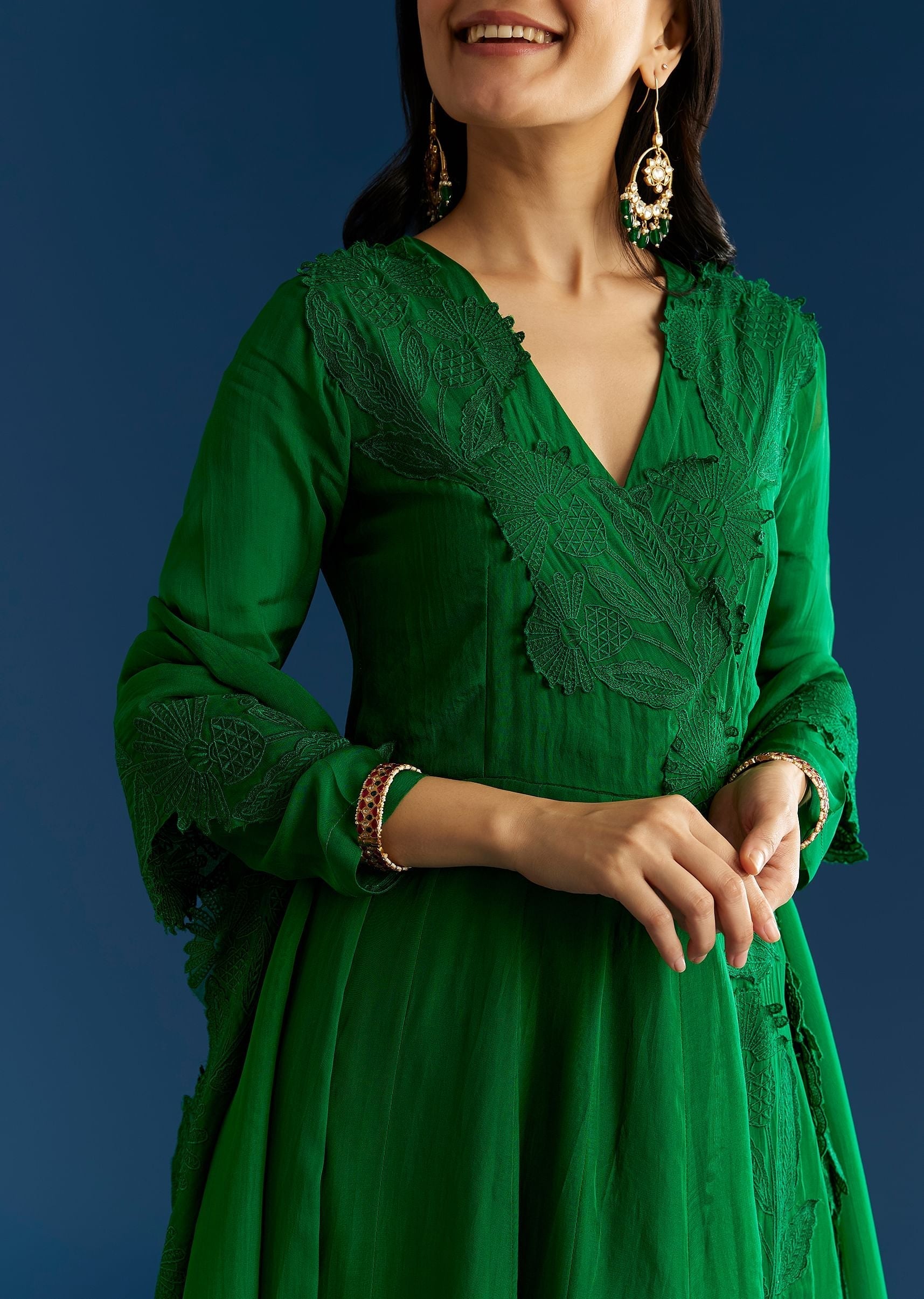 Green Angrakha Style Anarkali Suit With Resham Work