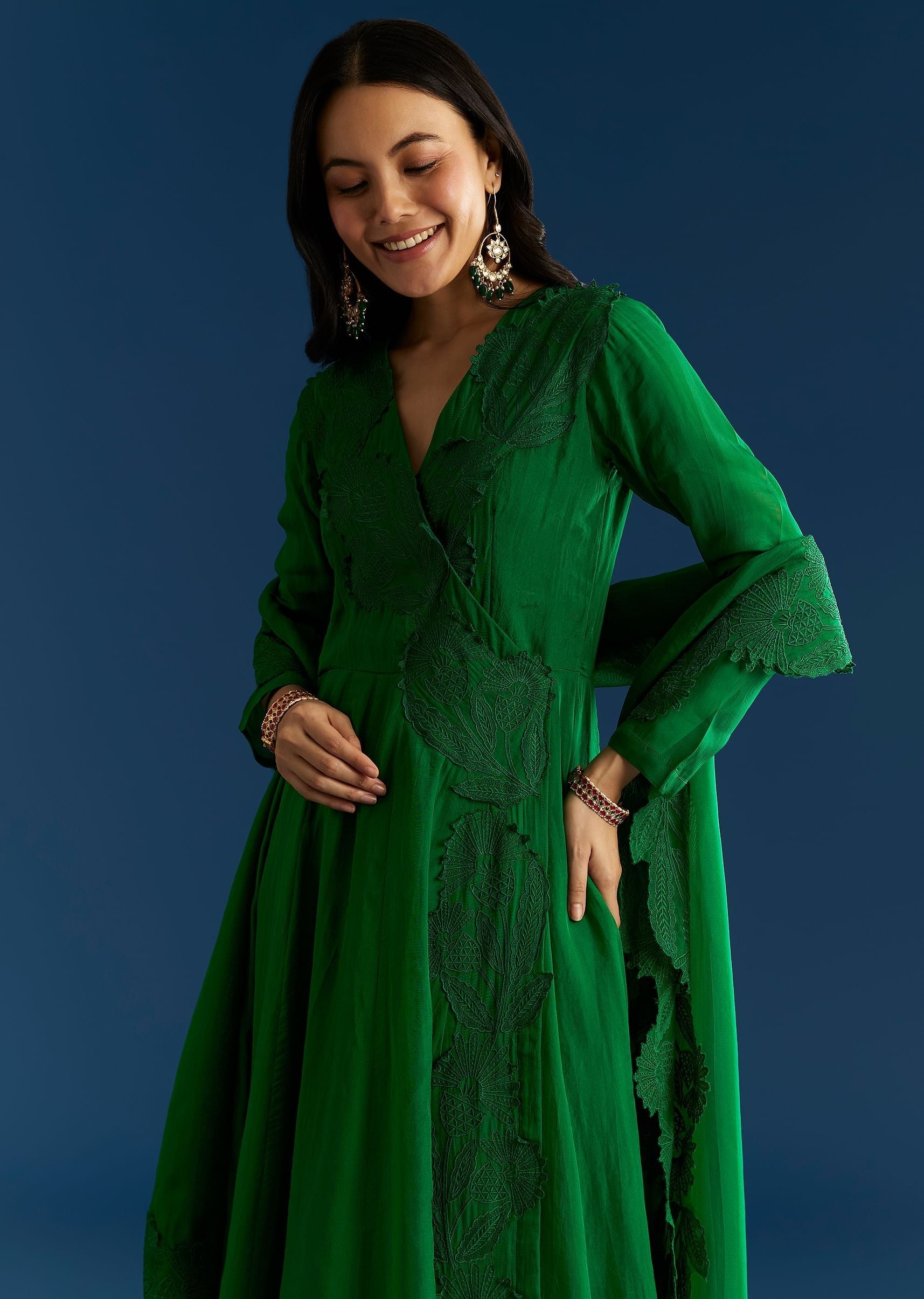 Green Angrakha Style Anarkali Suit With Resham Work