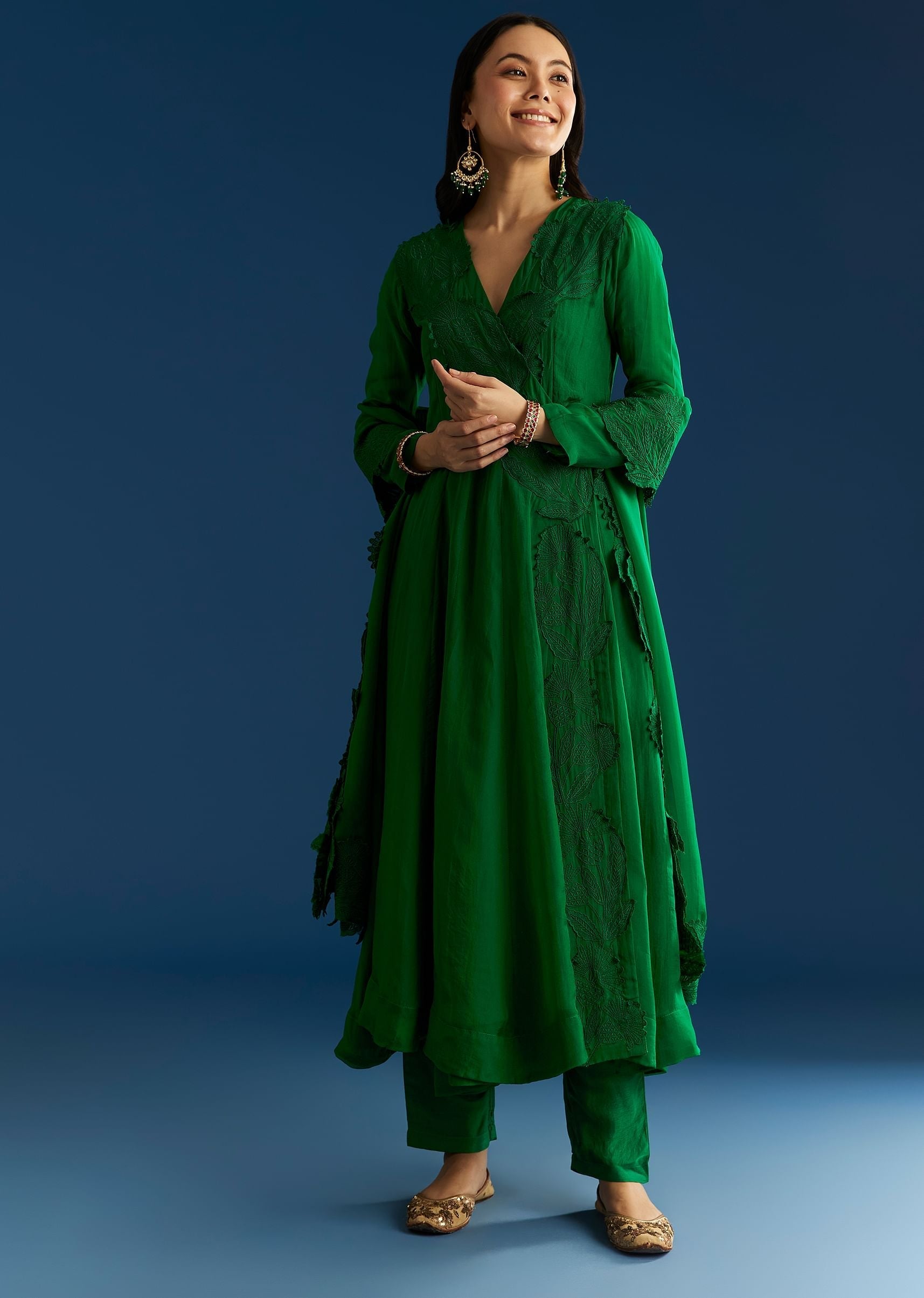 Green Angrakha Style Anarkali Suit With Resham Work