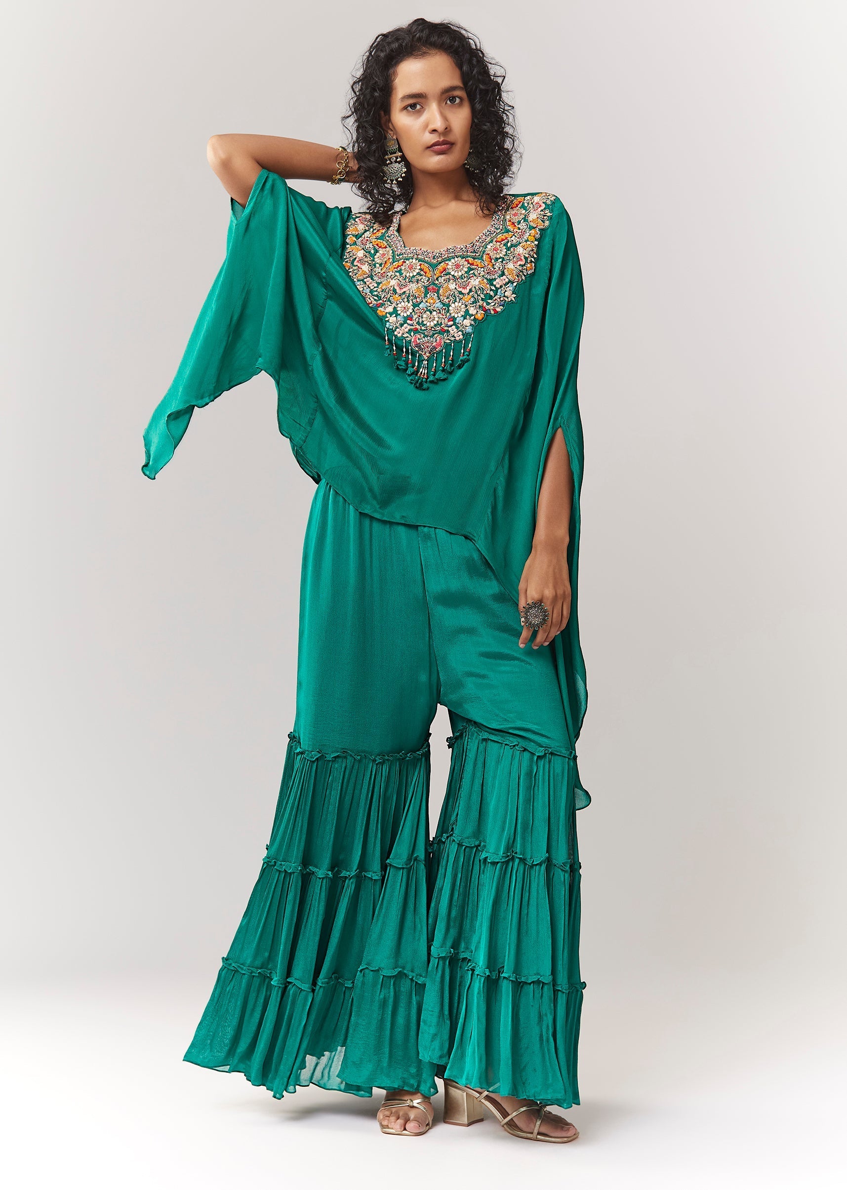 Green Cape Style Sharara Set With Thread And Zardosi