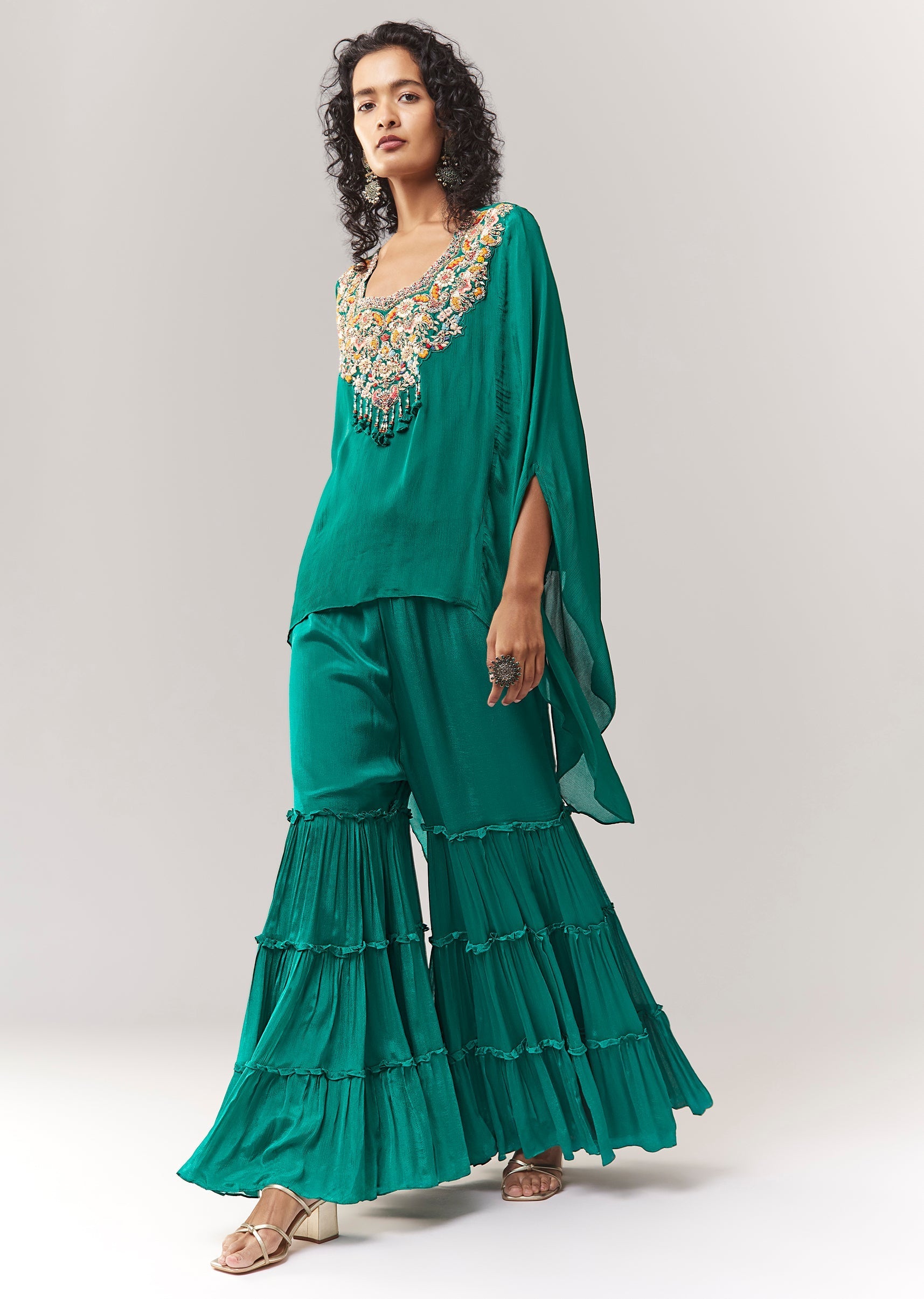 Green Cape Style Sharara Set With Thread And Zardosi