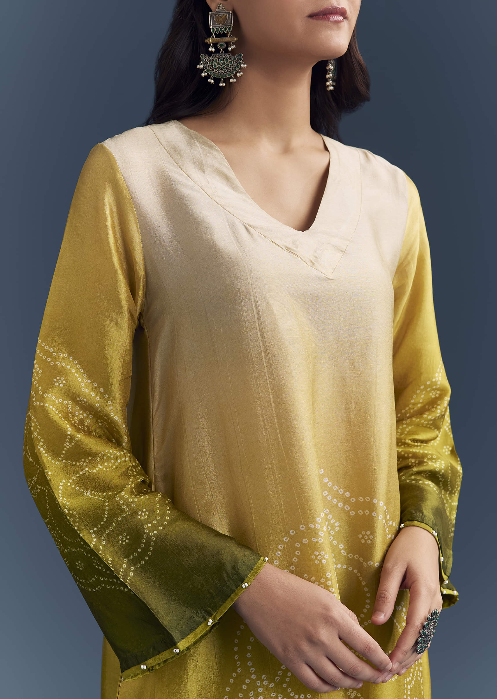 Green Ombre Satin Bandhani Co Ord Set With Moti Work