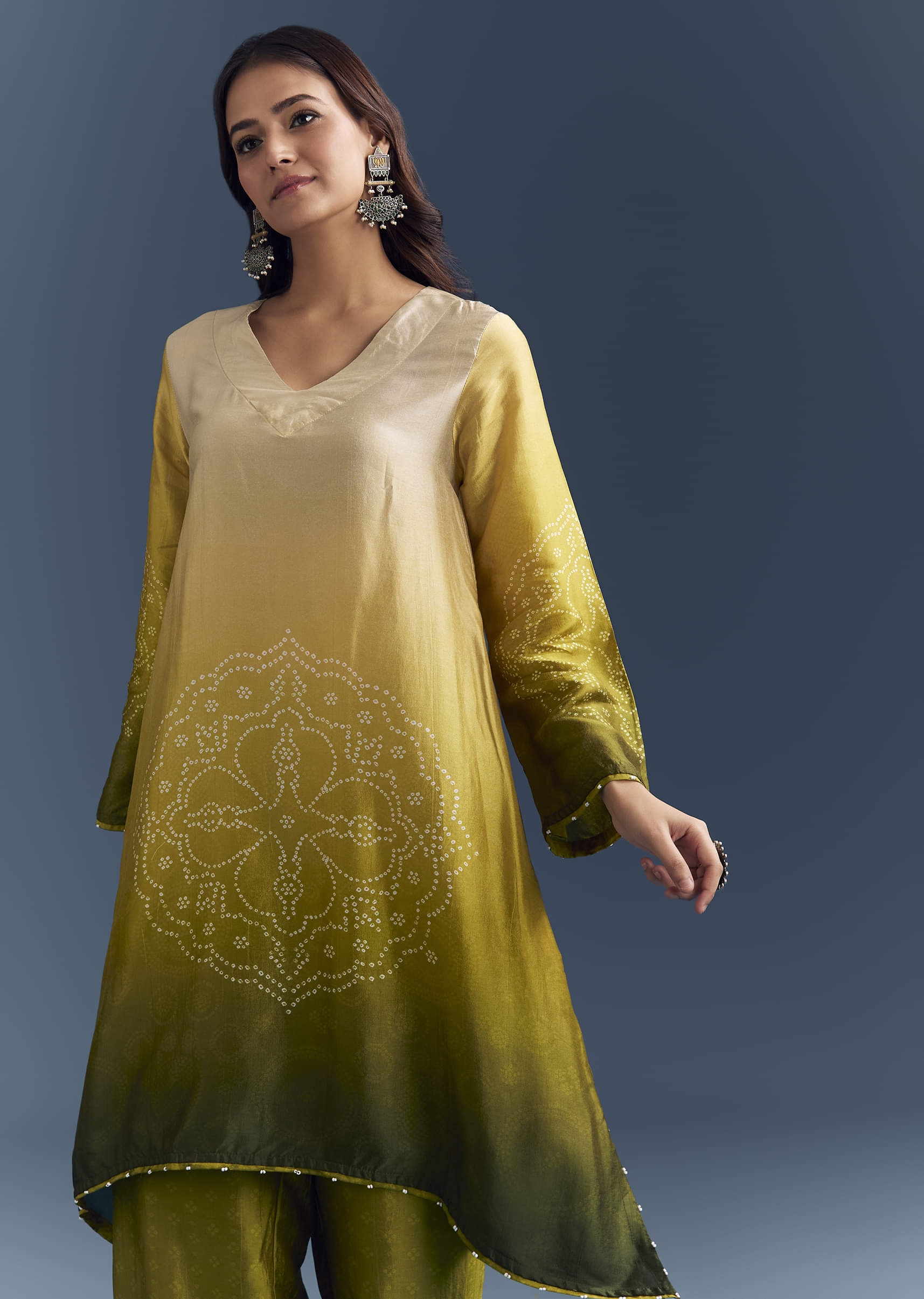 Green Ombre Satin Bandhani Co Ord Set With Moti Work