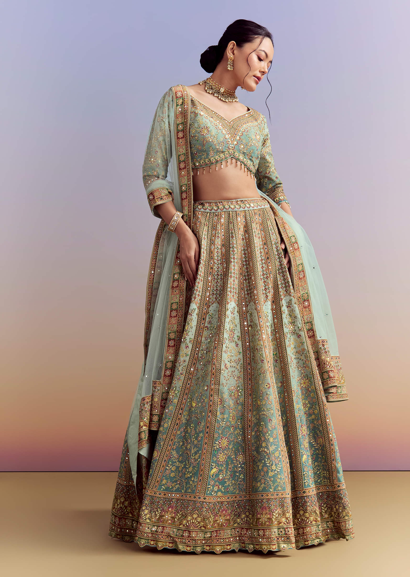 Green Ombre Crepe Printed Bridesmaid Lehenga With Heavy Hand Embroidery