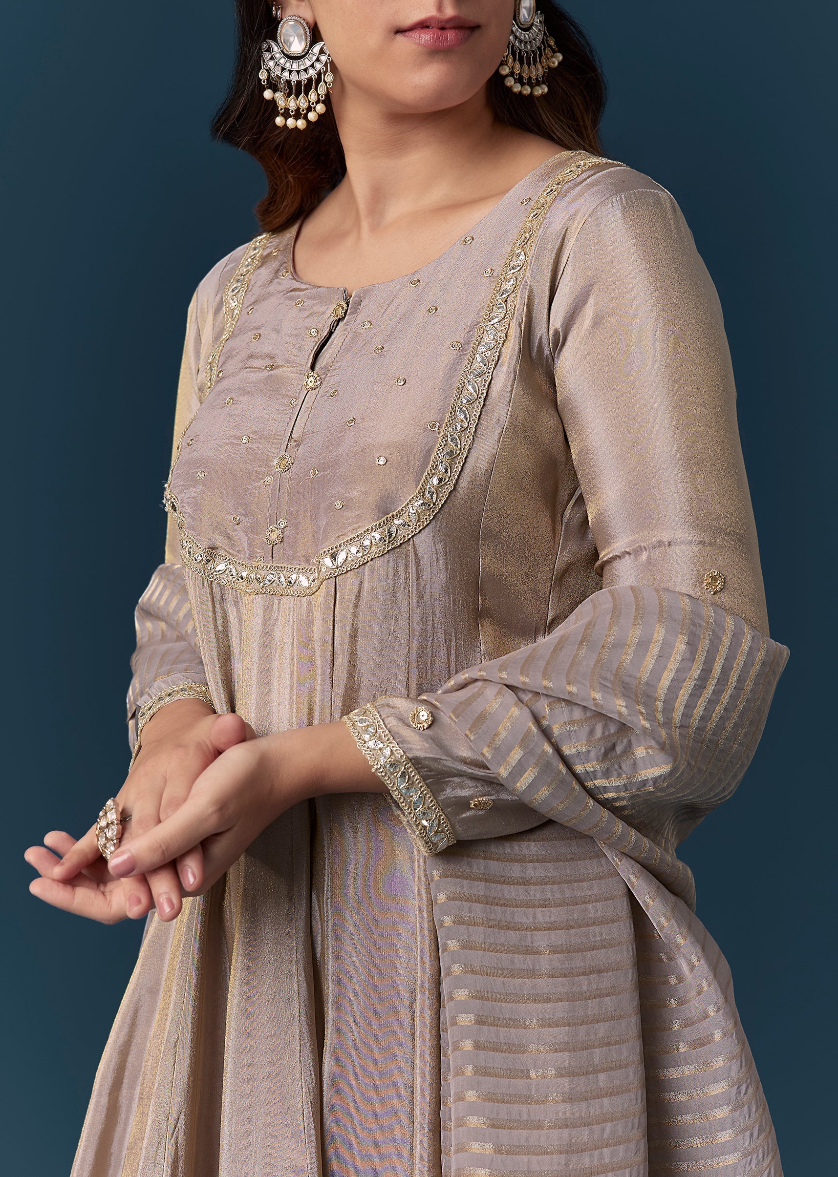 Grey Gotta Lace Tissue Anarkali Suit Set With Pant And Dupatta