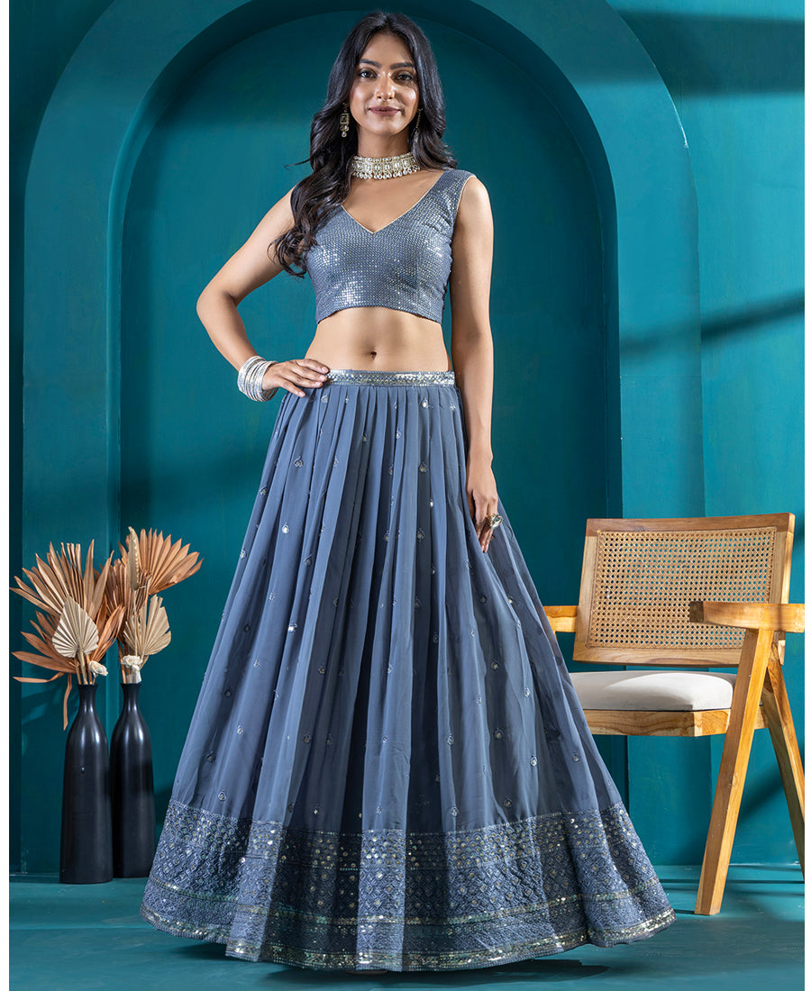 Grey color Georgette Sequins and Thread Work Lehenga Choli