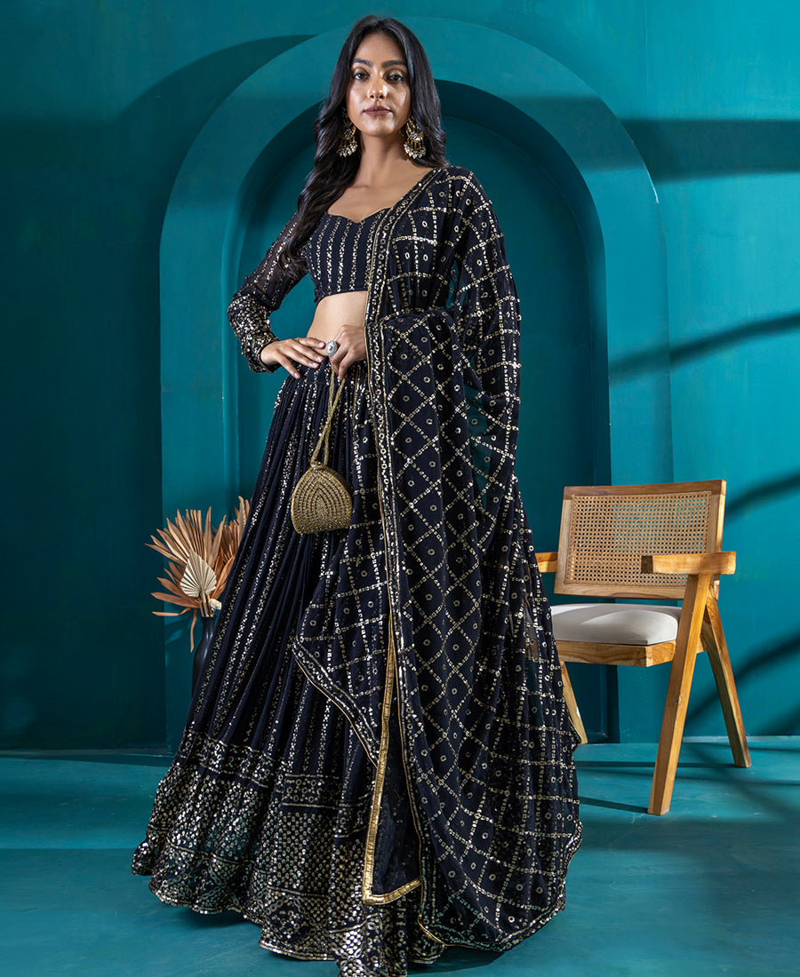 Black Color Georgette Sequins Work Lehenga Choli