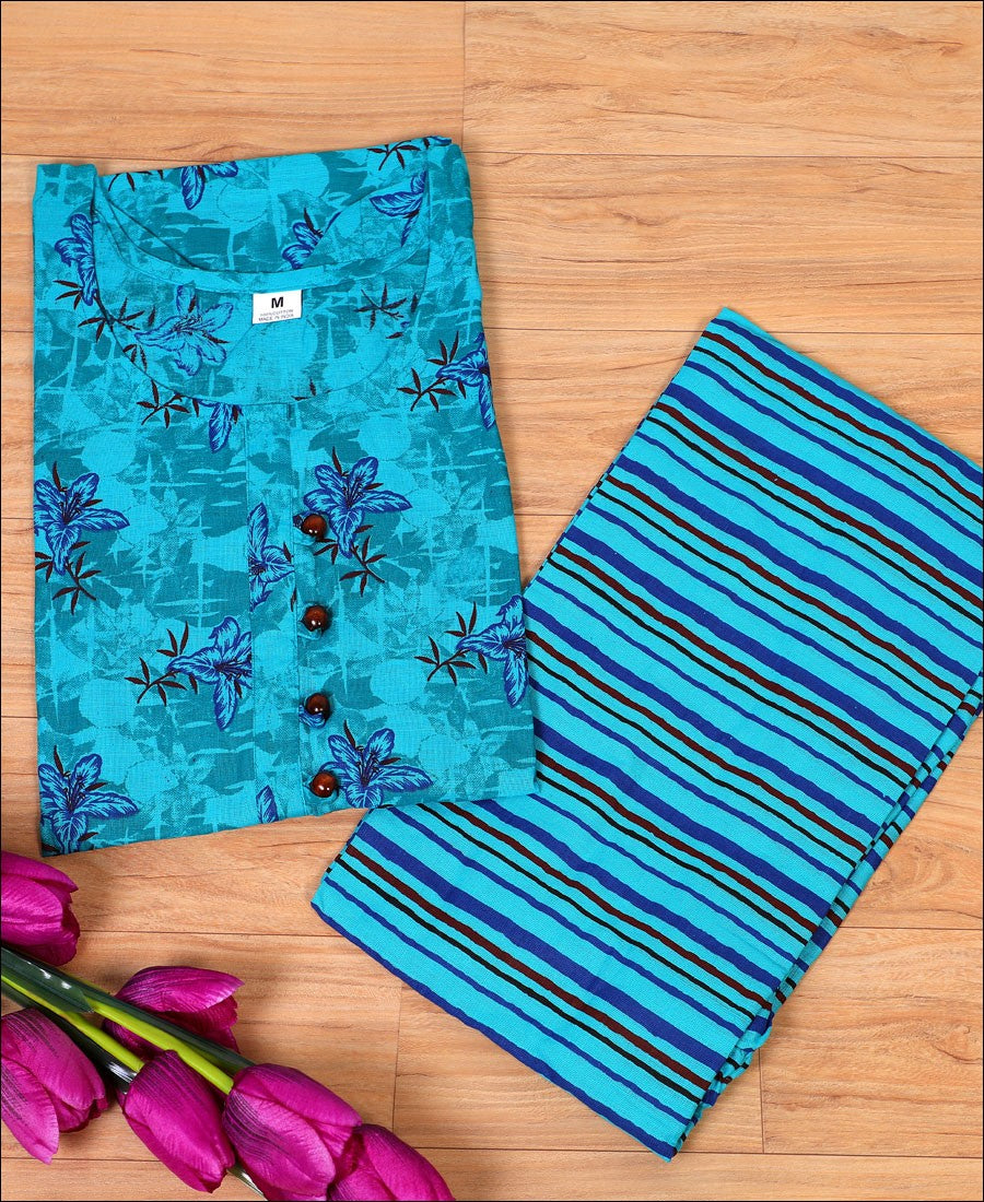 Sky Blue Block Print Jaipuri Kurti Set