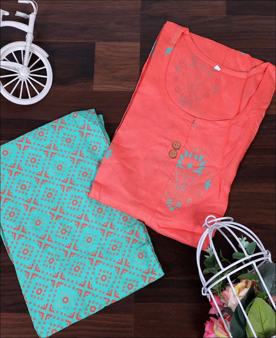 Peach Colour Block Print Cotton Kurti Set