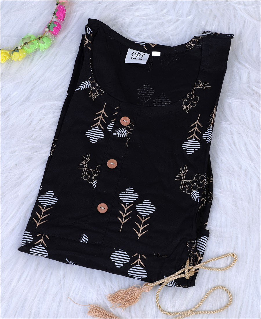 Black Colour Block Print Cotton Kurti