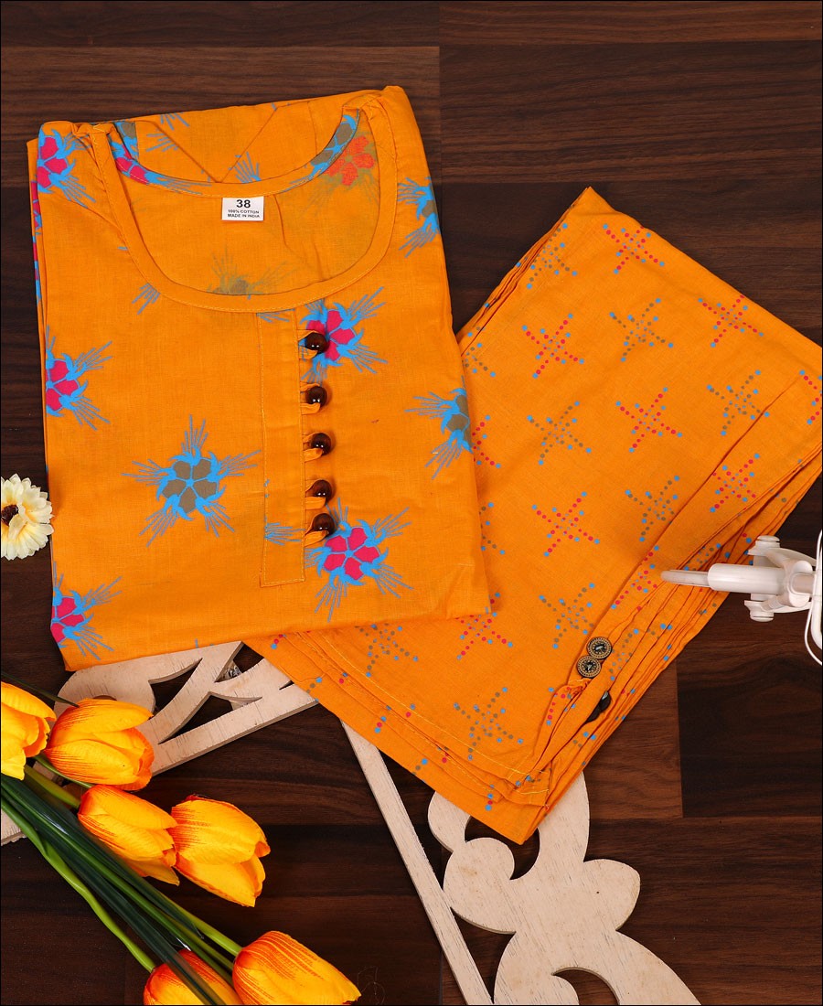Mustard Yellow Printed Cotton Kurti Set with matching face Mask