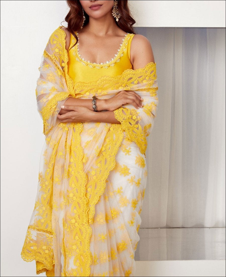 RE - White and Yellow Butterfly Net Thread Work Saree