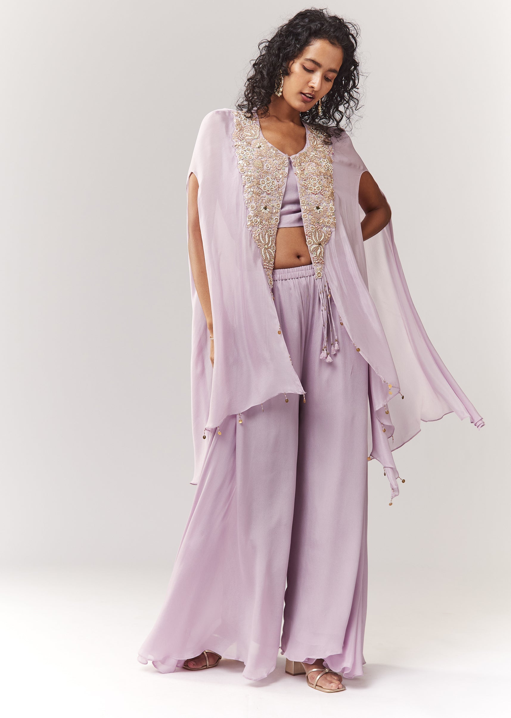 Lavender Zardosi And Moti Work Cape Set With Palazzo