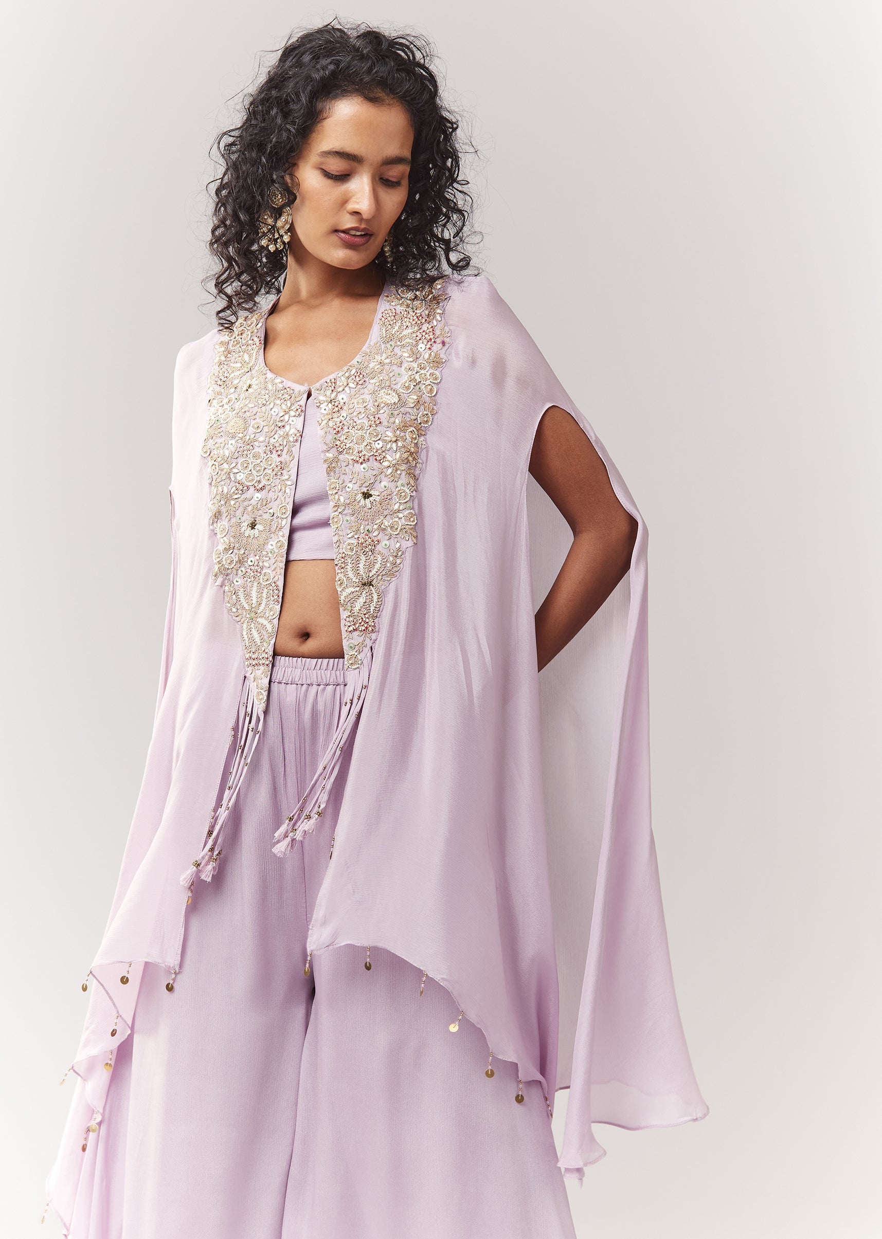 Lavender Zardosi And Moti Work Cape Set With Palazzo