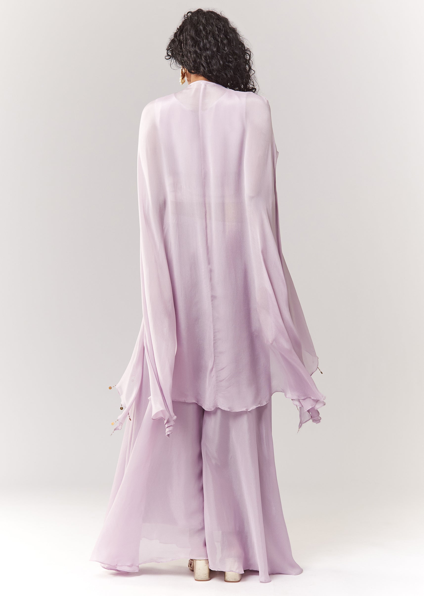 Lavender Zardosi And Moti Work Cape Set With Palazzo