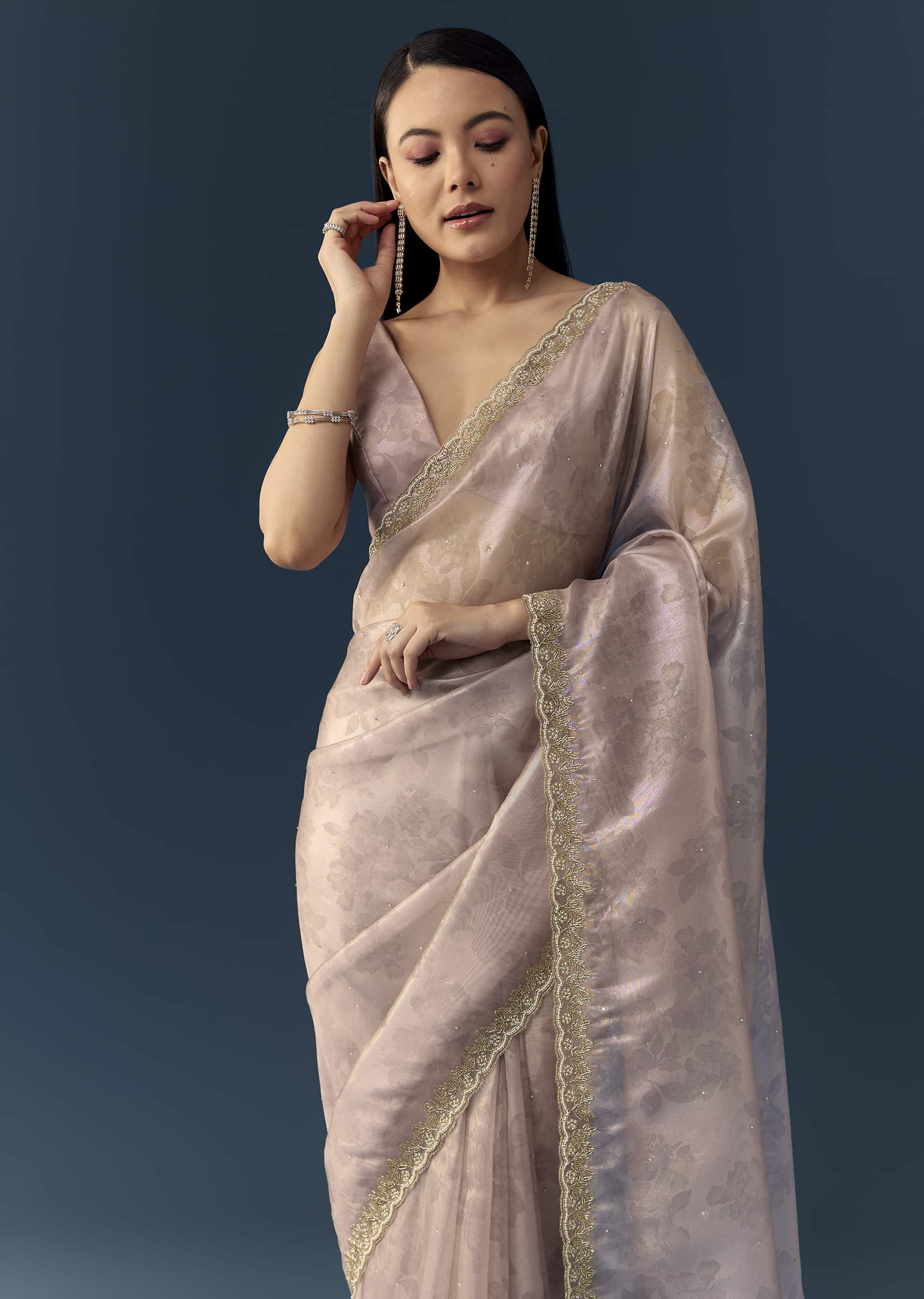 Mauve Jacqaurd Floral Print Tissue Silk Saree with Unstitched Blouse