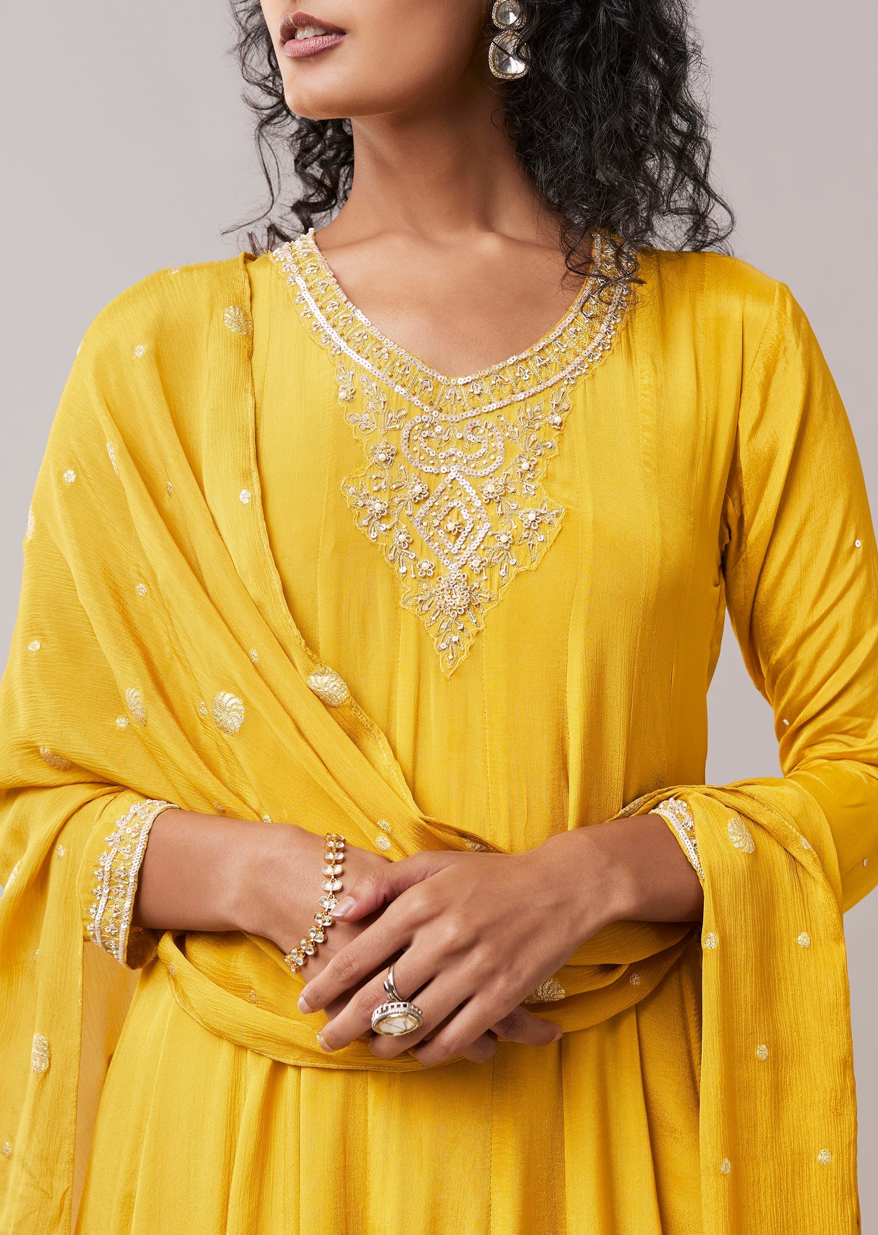 Mustard Yellow Chinon Sequin Embroidered Anarkali Set