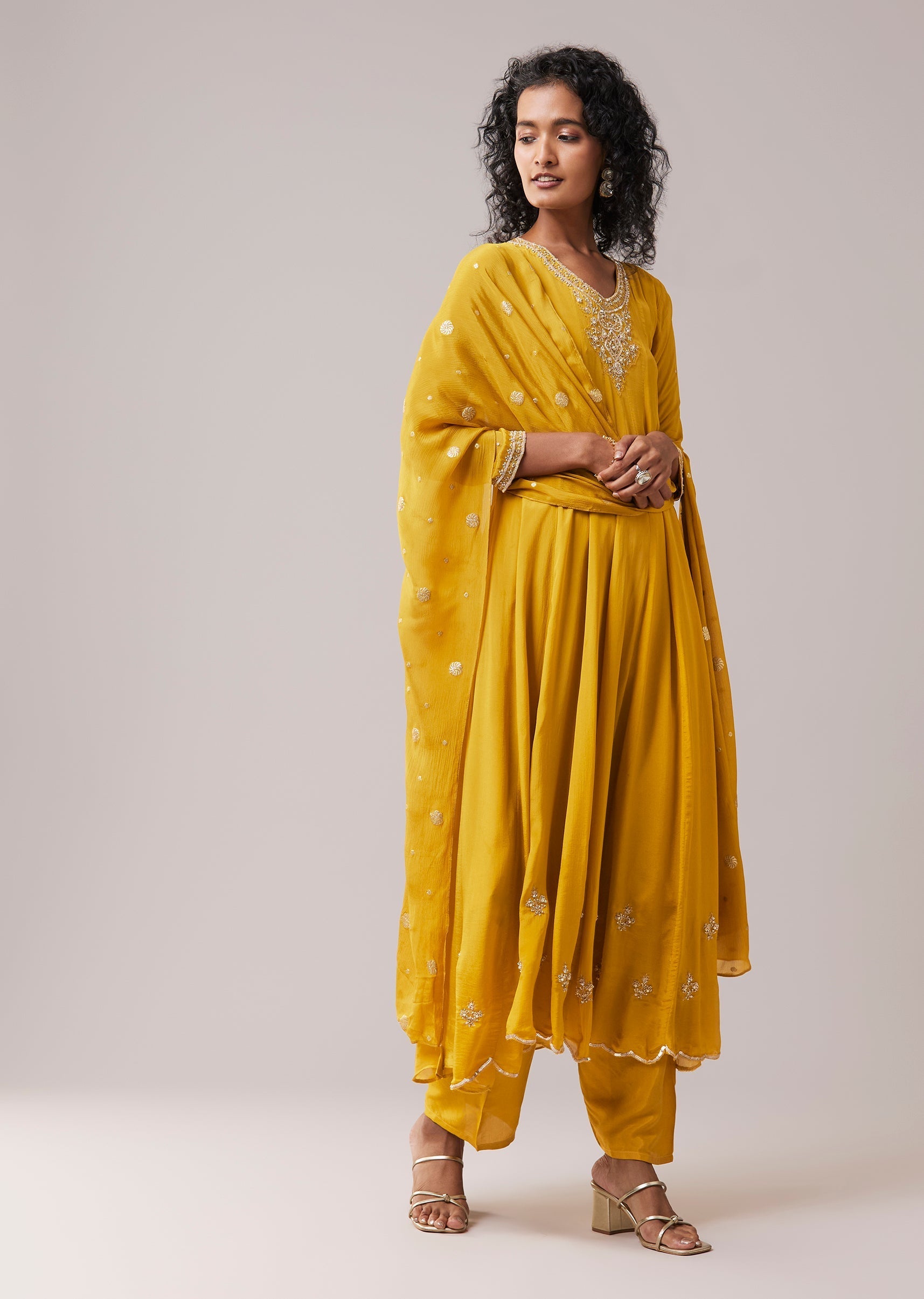 Mustard Yellow Chinon Sequin Embroidered Anarkali Set