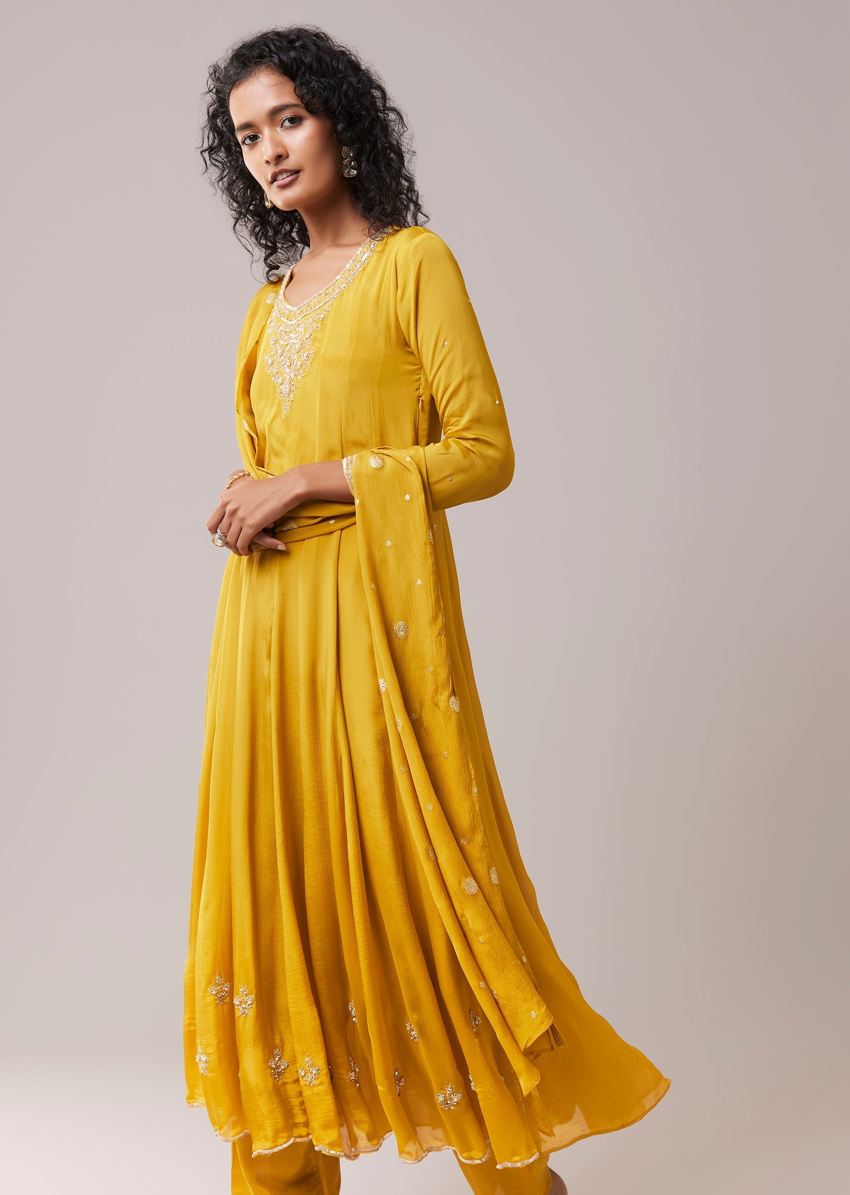 Mustard Yellow Chinon Sequin Embroidered Anarkali Set