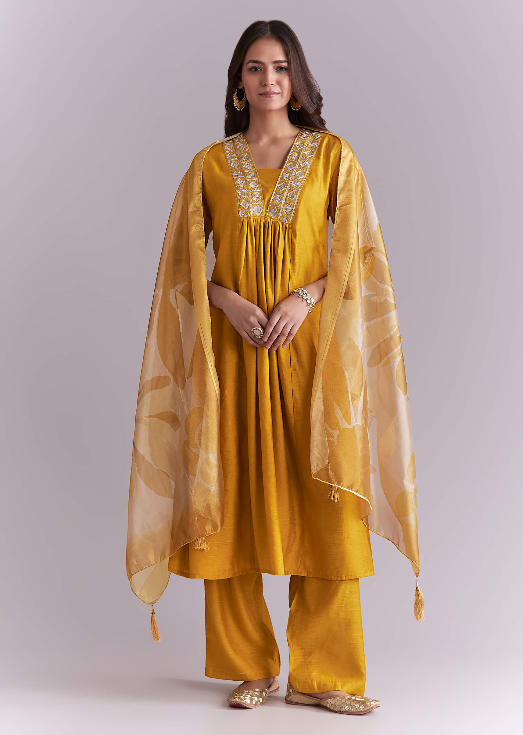 Mustard Yellow Silk Anarkali Suit With Zari Work And Floral Print Dupatta