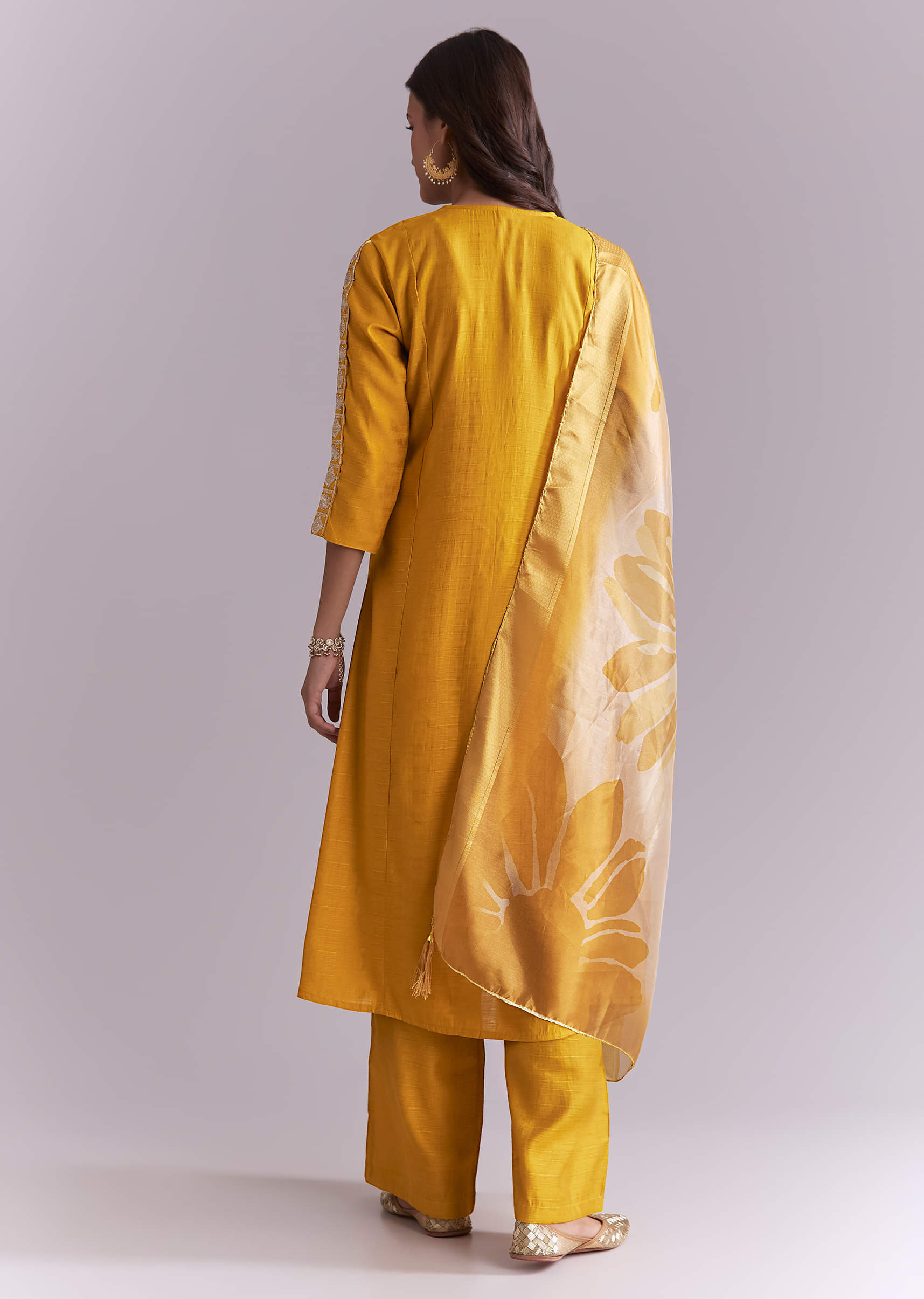 Mustard Yellow Silk Anarkali Suit With Zari Work And Floral Print Dupatta