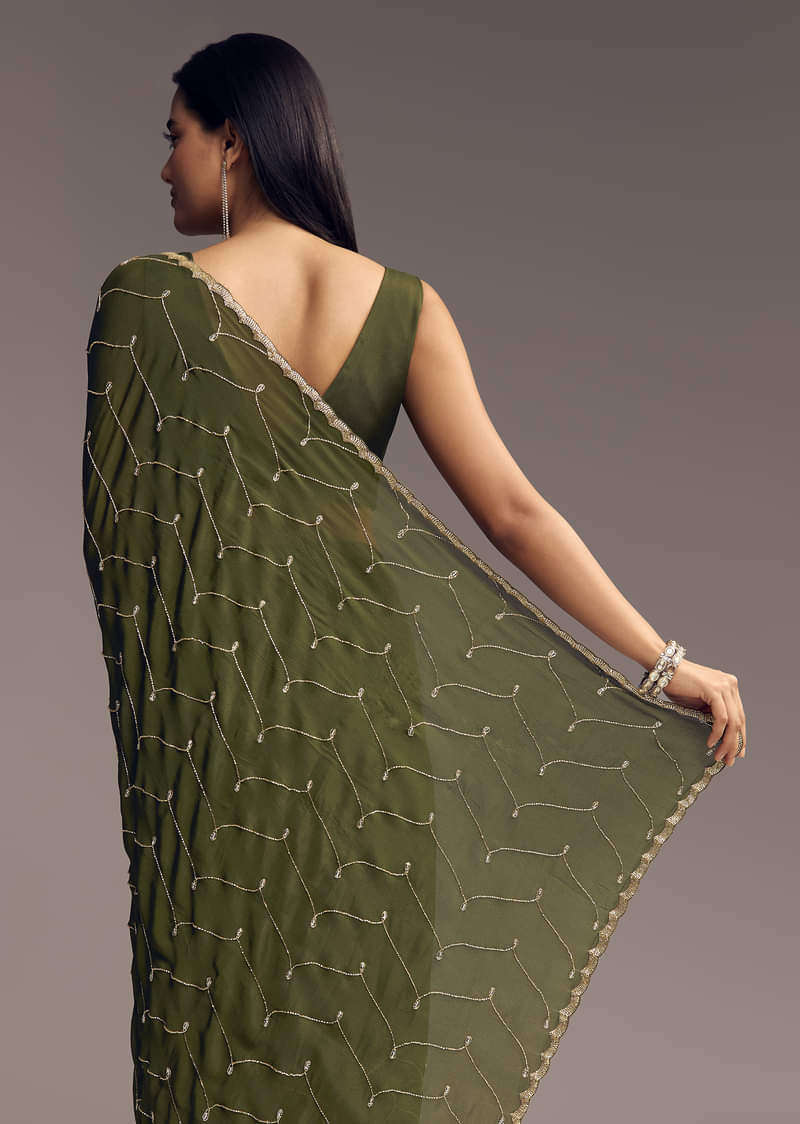 Olive Green Embroidered Chinon Saree With Scallop Border