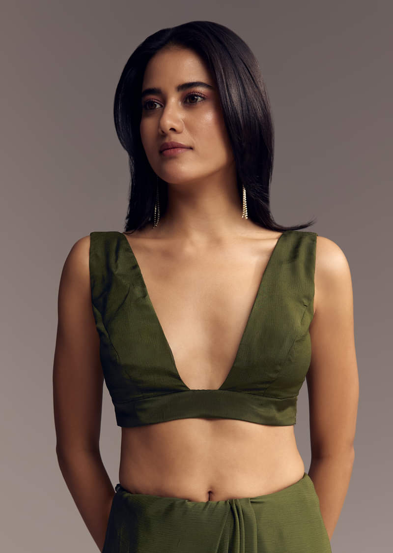 Olive Green Embroidered Chinon Saree With Scallop Border