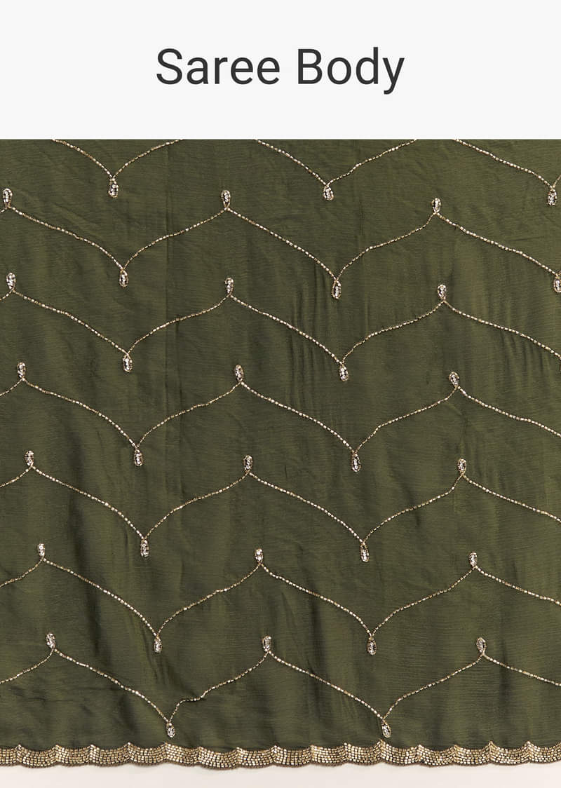 Olive Green Embroidered Chinon Saree With Scallop Border