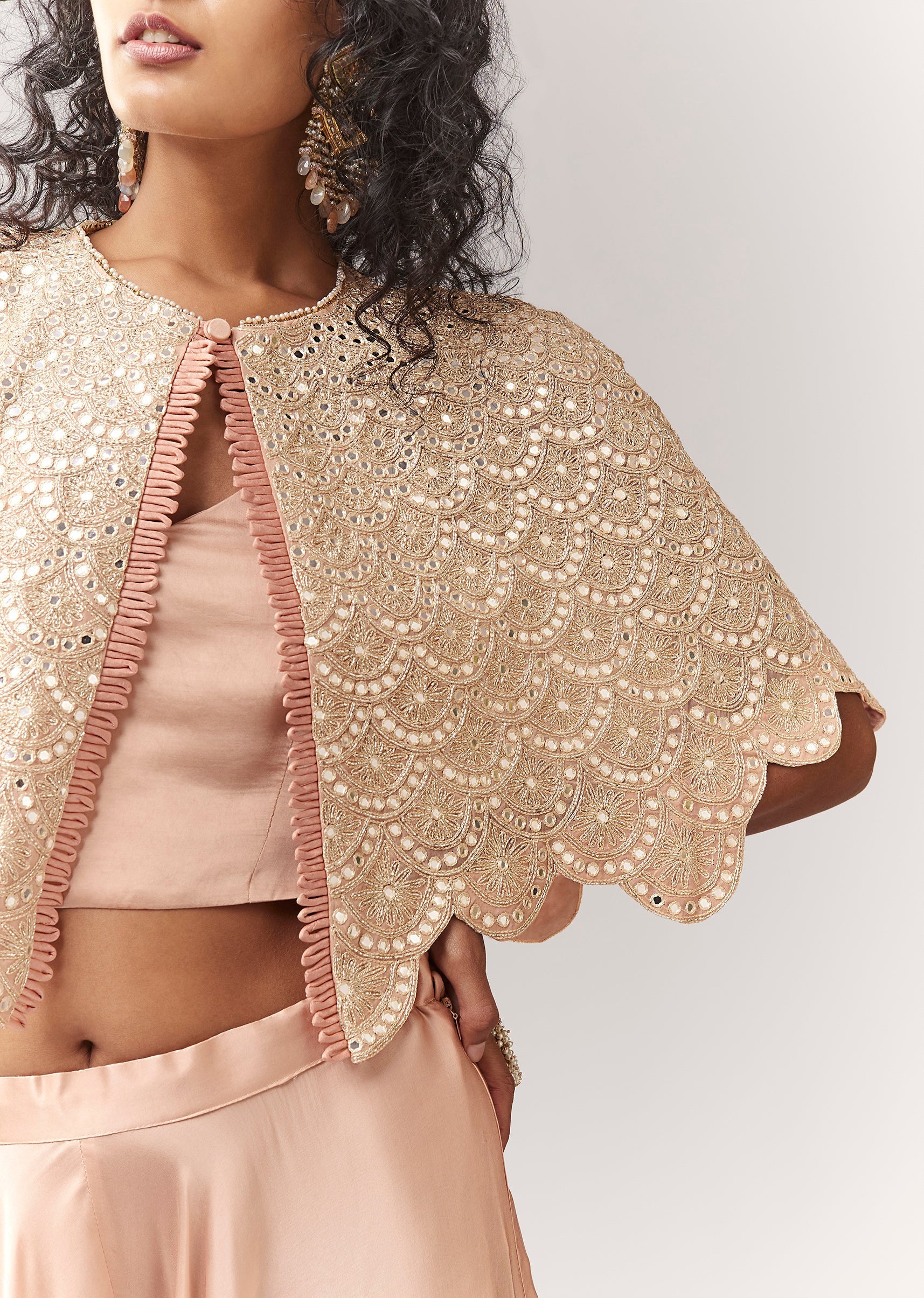 Peach Mirror And Cutdana Work Cape Set With Palazzo