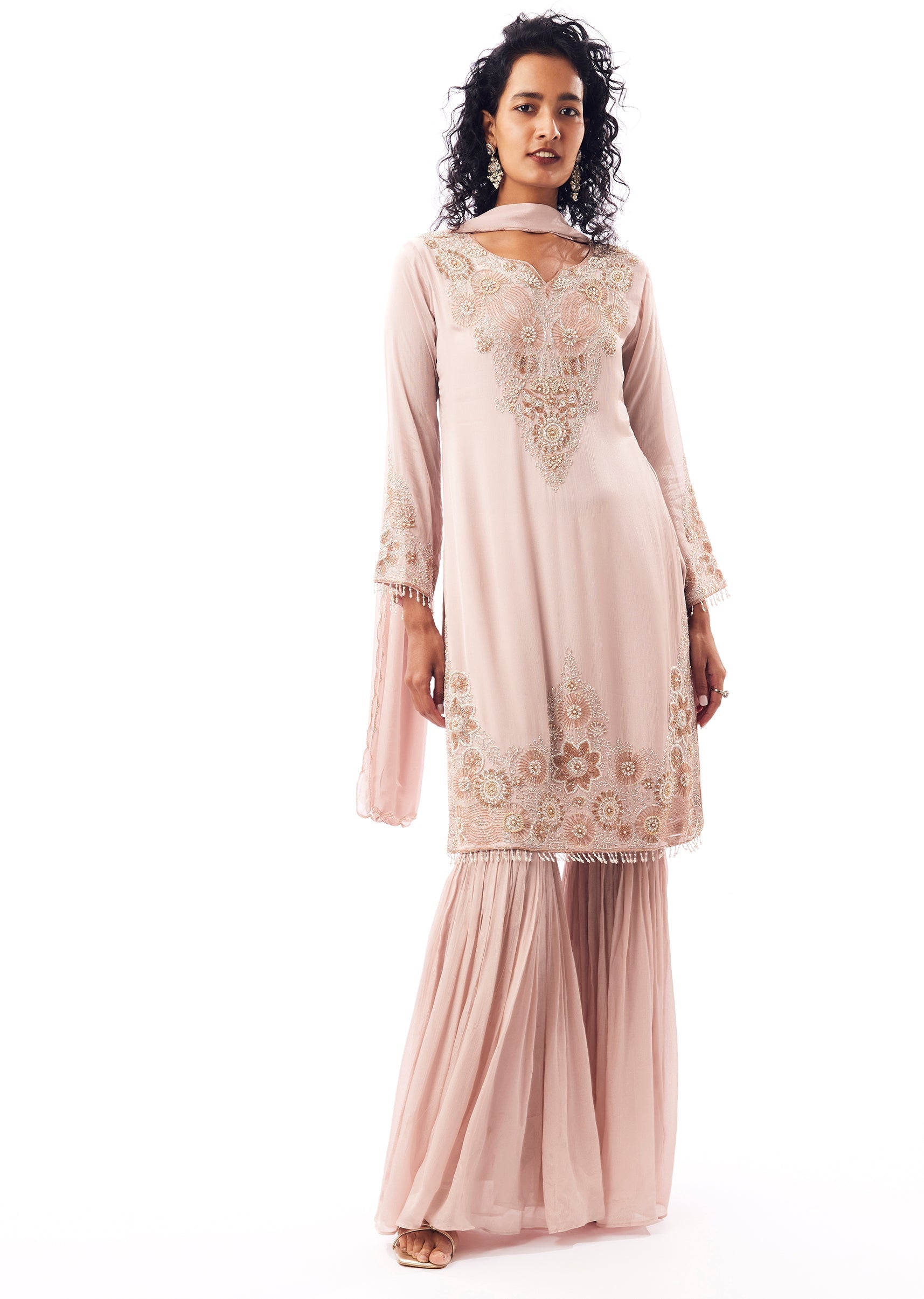 Peach Pakistani Style Sharara Suit With Cutdana Moti Shimmer