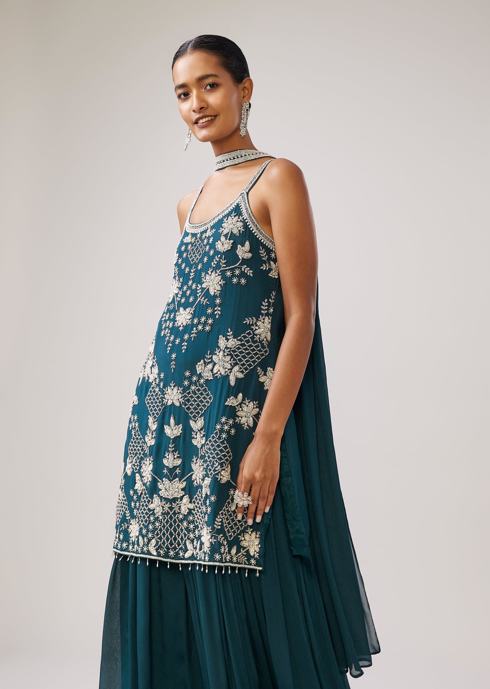 Peacock Blue Sequin Strap Kurta Palazzo Set With Dupatta