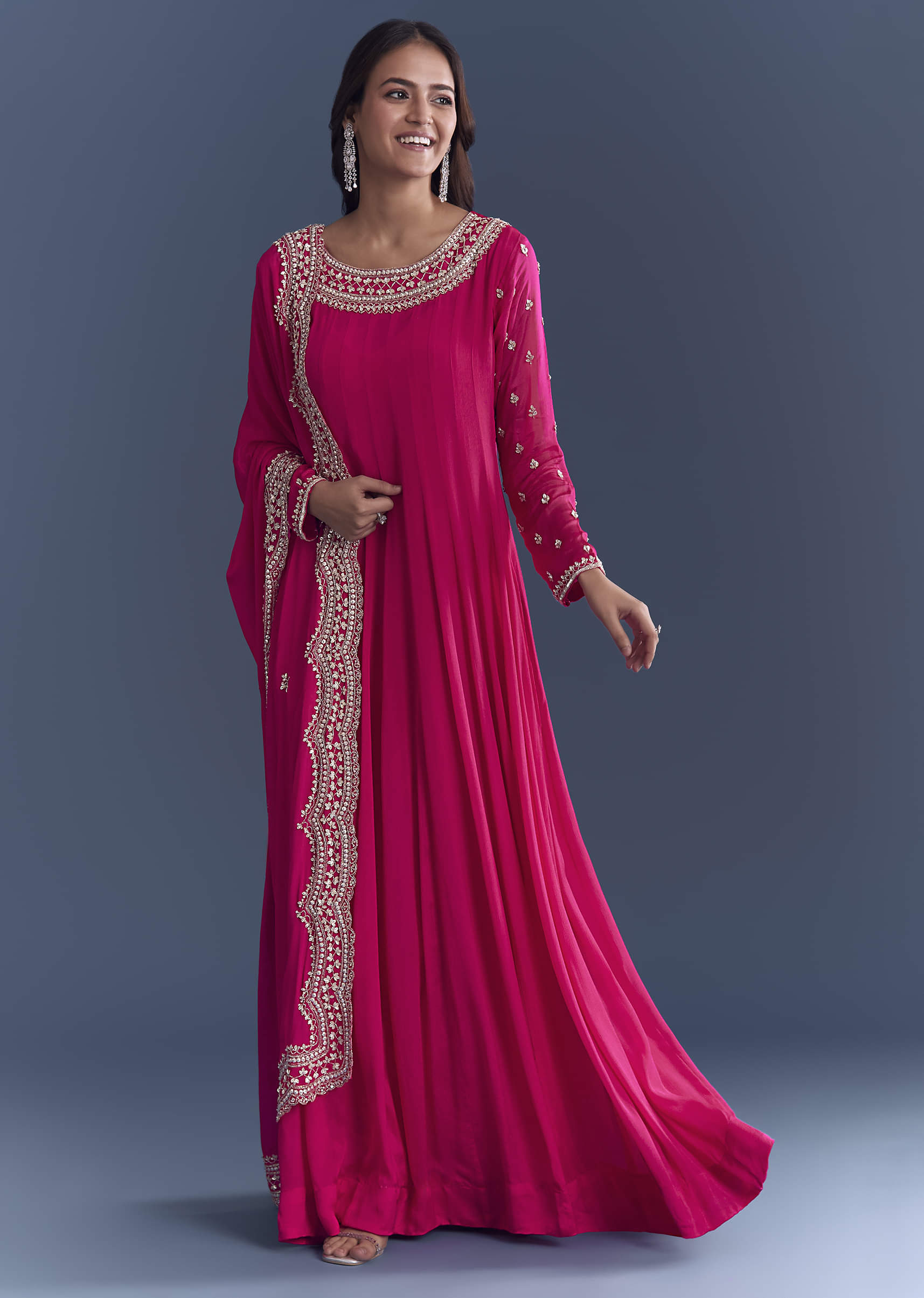 Pink Chinon Anarkali Suit With Cutdana And Sequins Embroidery