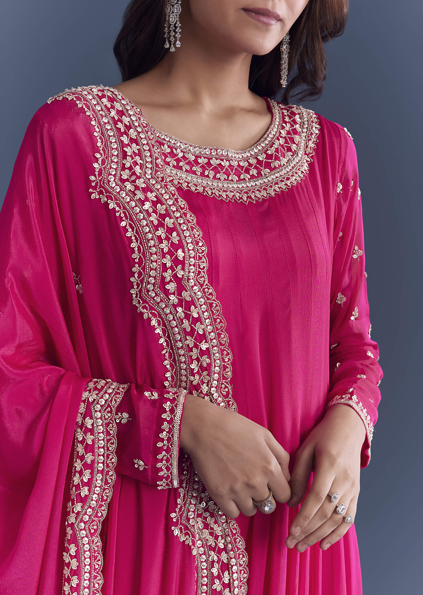 Pink Chinon Anarkali Suit With Cutdana And Sequins Embroidery