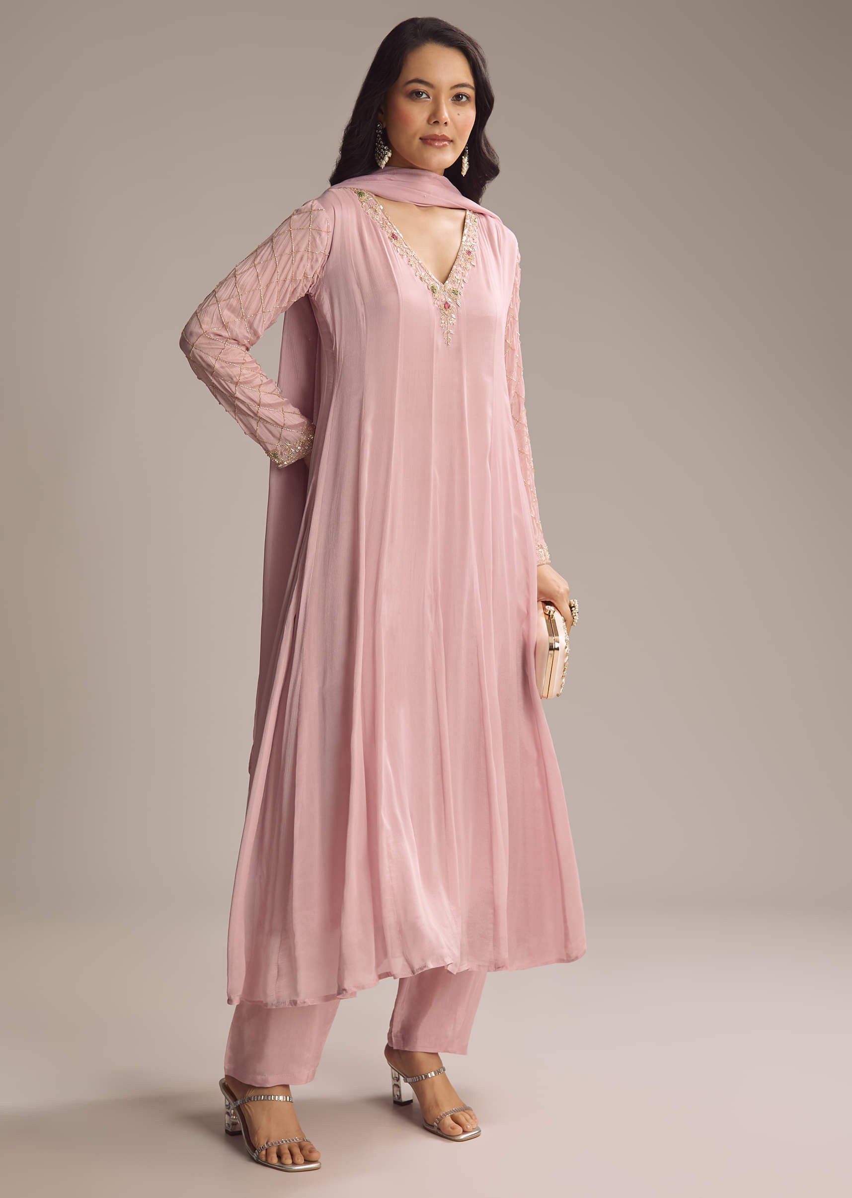 Pink Chinon Anarkali Suit With Cutdana And Sequins Work
