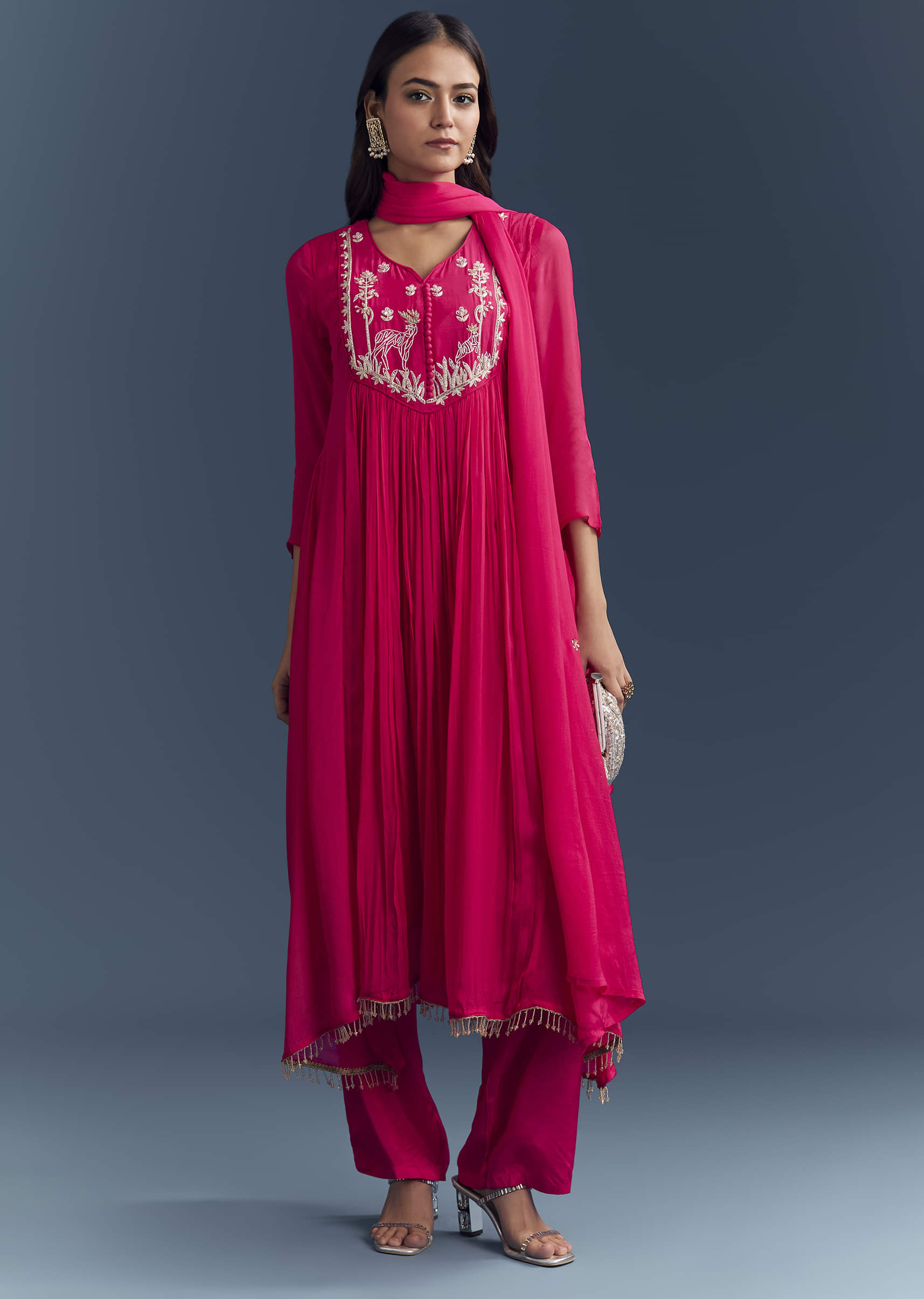Pink Chinon Anarkali Suit With Sequins And Resham Embroidery