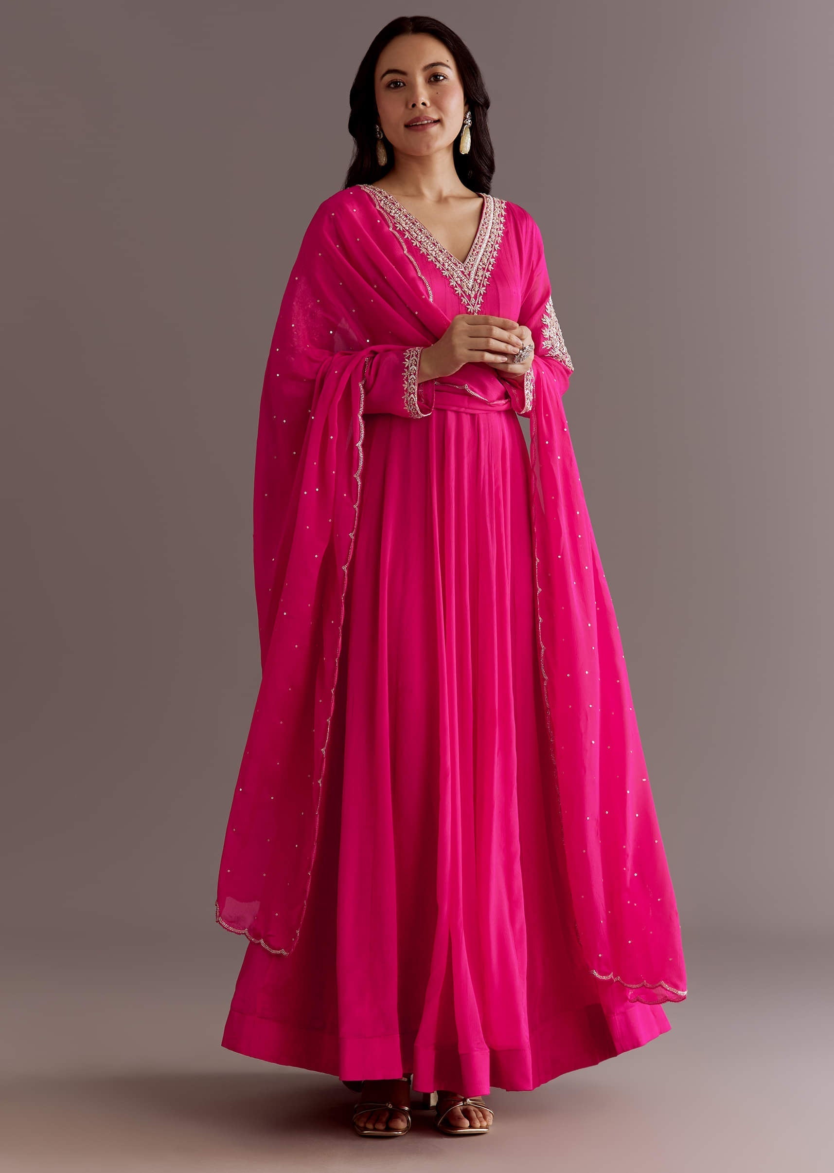 Pink Chinon Cutdana Embroidered Anarkali Dupatta Suit