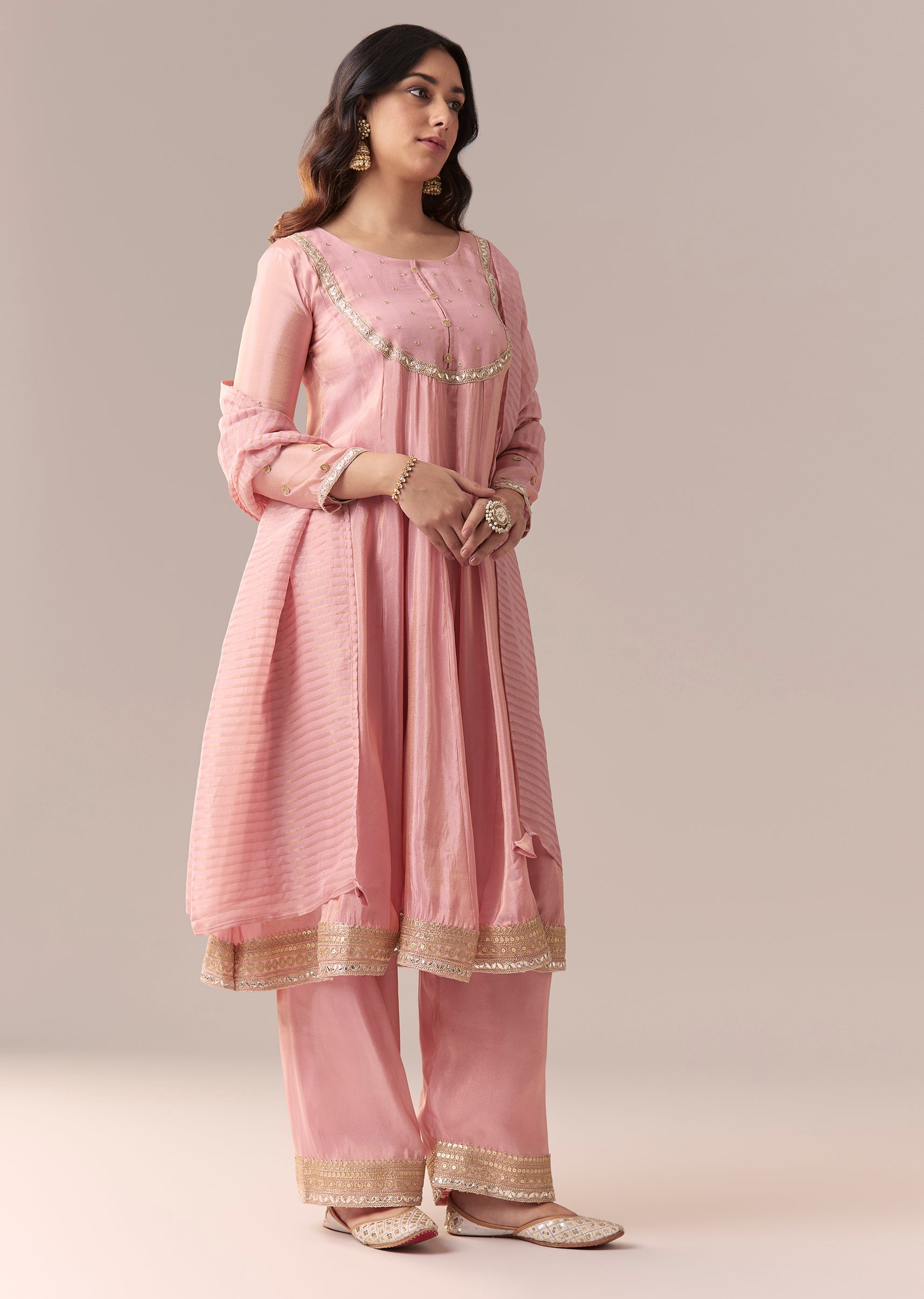 Pink Gotta Lace Tissue Anarkali Suit Set With Pant And Dupatta