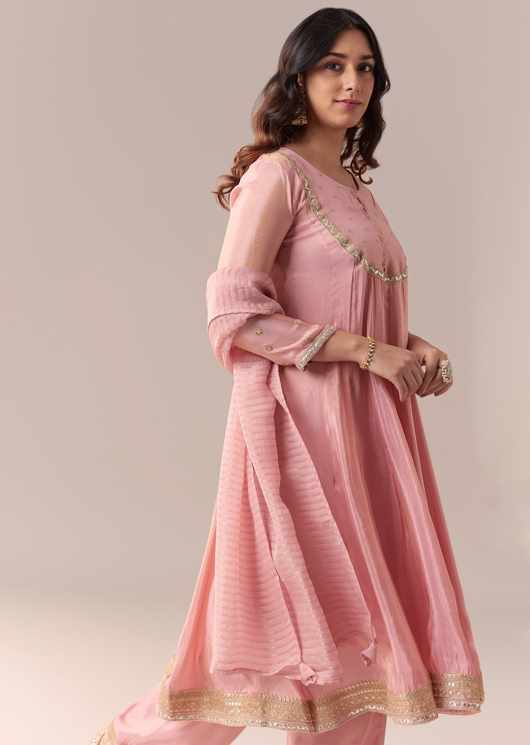 Pink Gotta Lace Tissue Anarkali Suit Set With Pant And Dupatta
