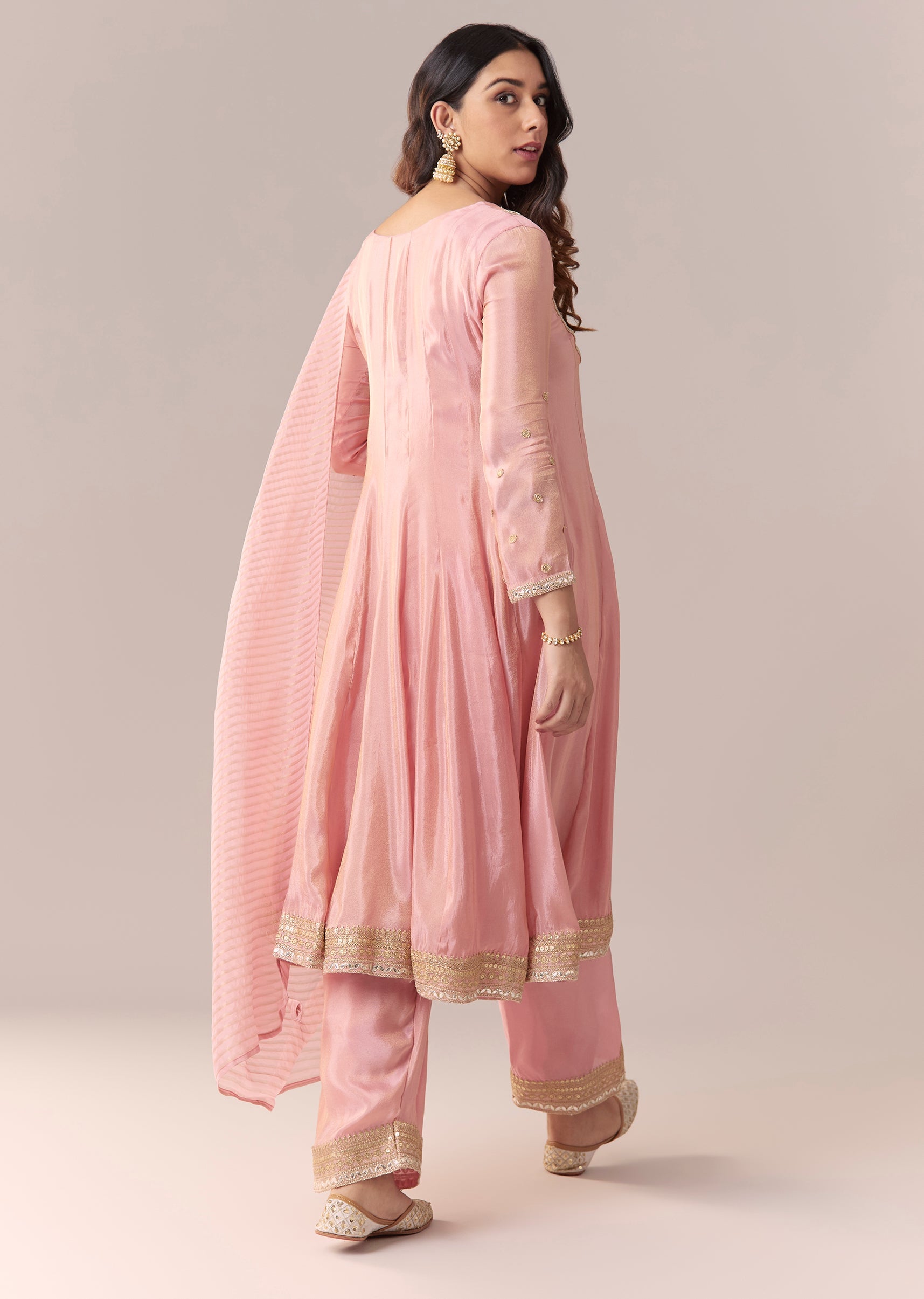 Pink Gotta Lace Tissue Anarkali Suit Set With Pant And Dupatta