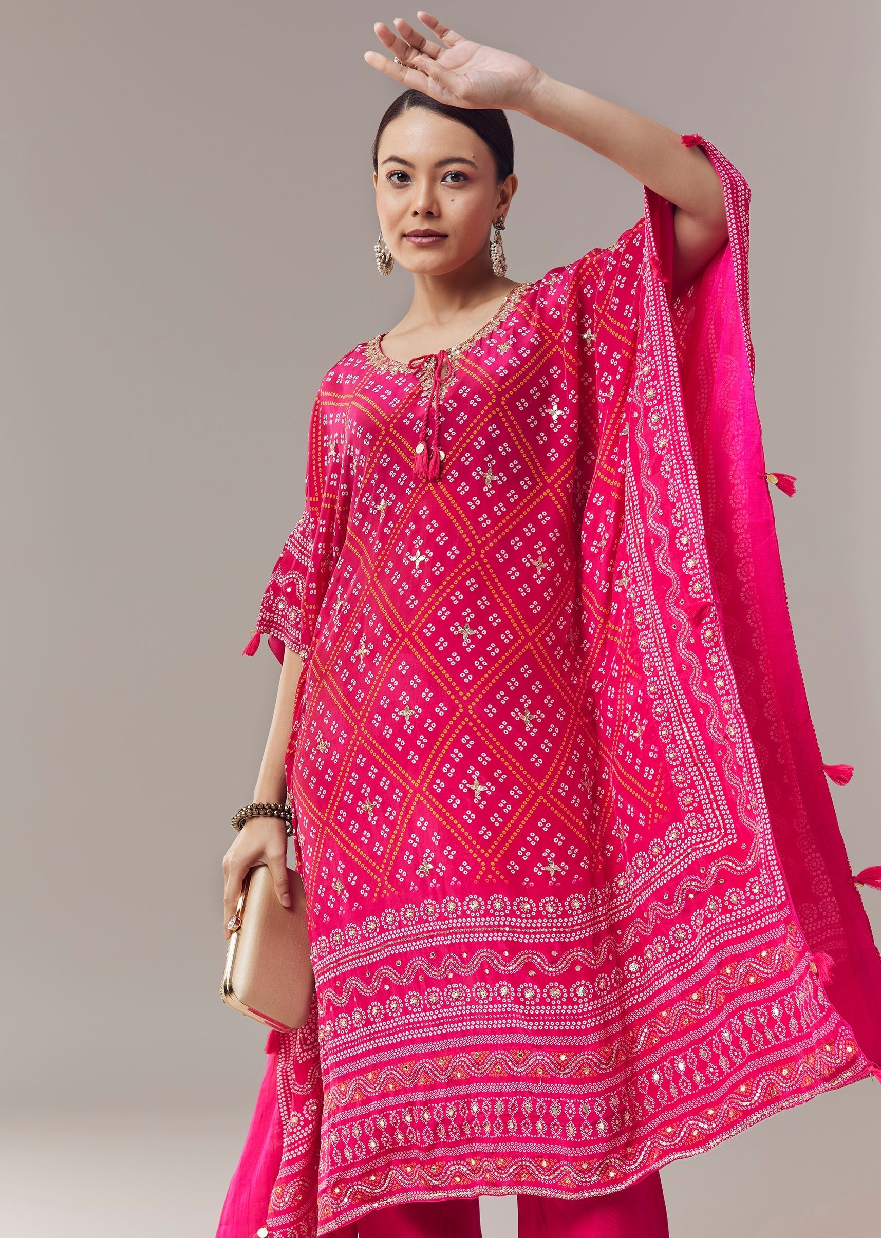 Pink Kaftan Kurti In Bandhani Print With Gotta Work