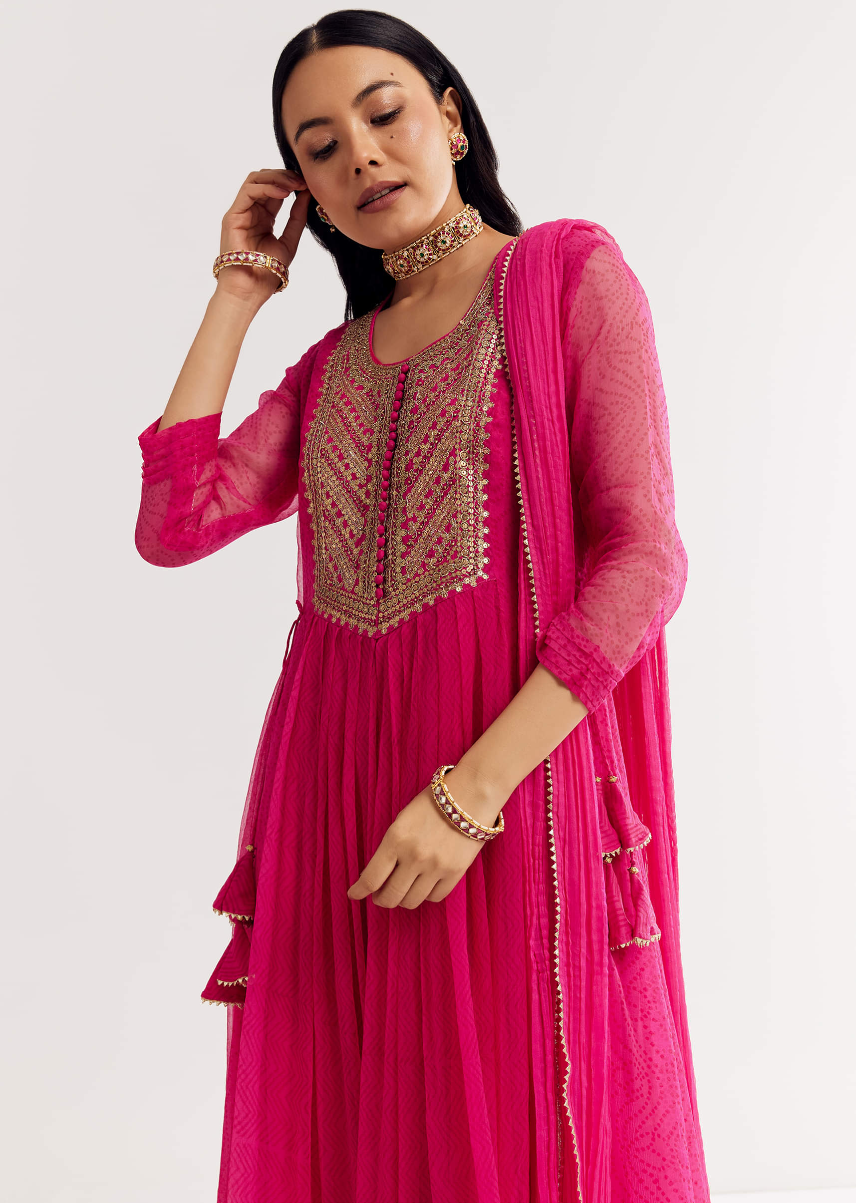 Pink Printed Chiffon Sequin Kurta Set With Dupatta
