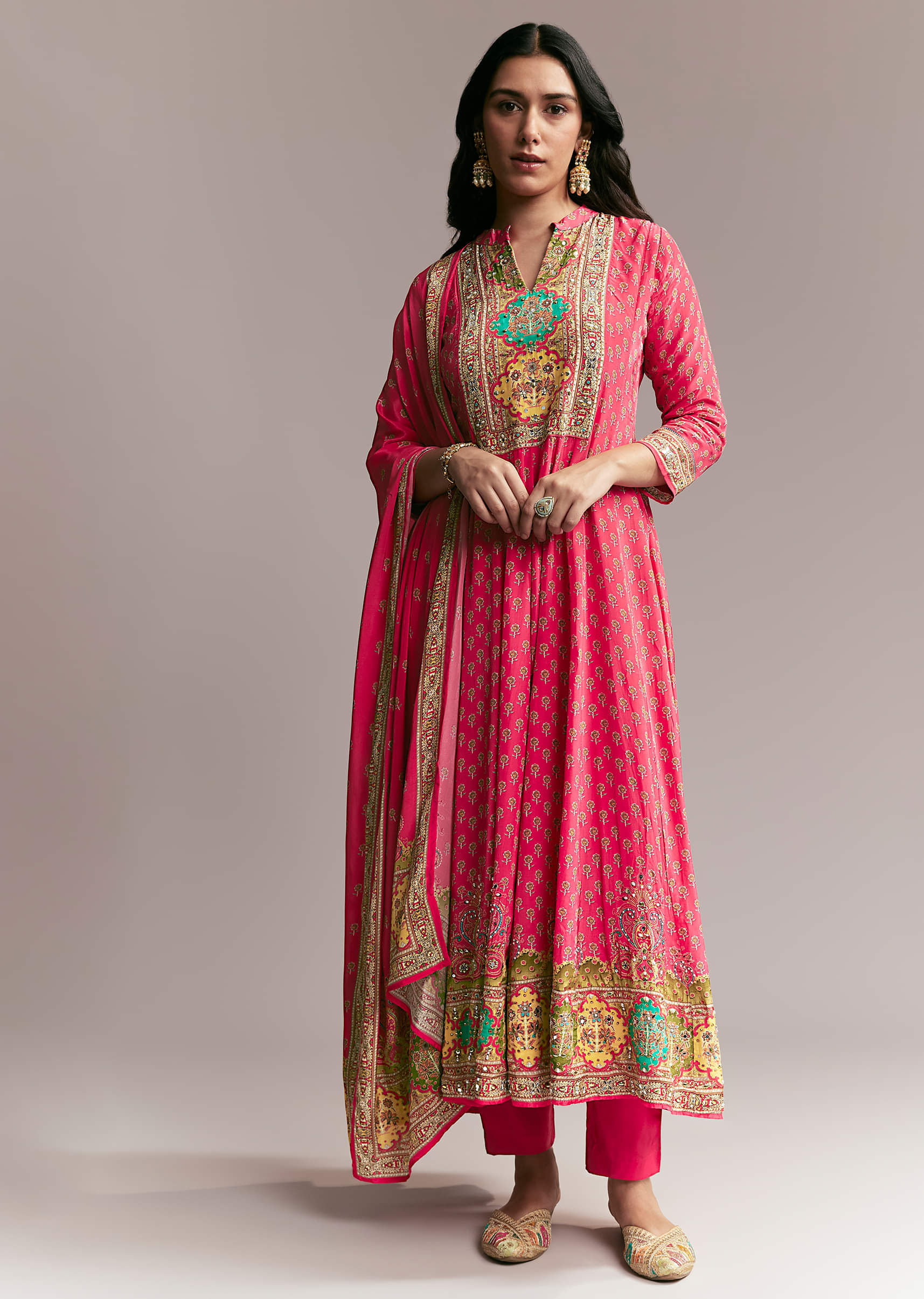 Pink Printed Crepe Anarkali Set