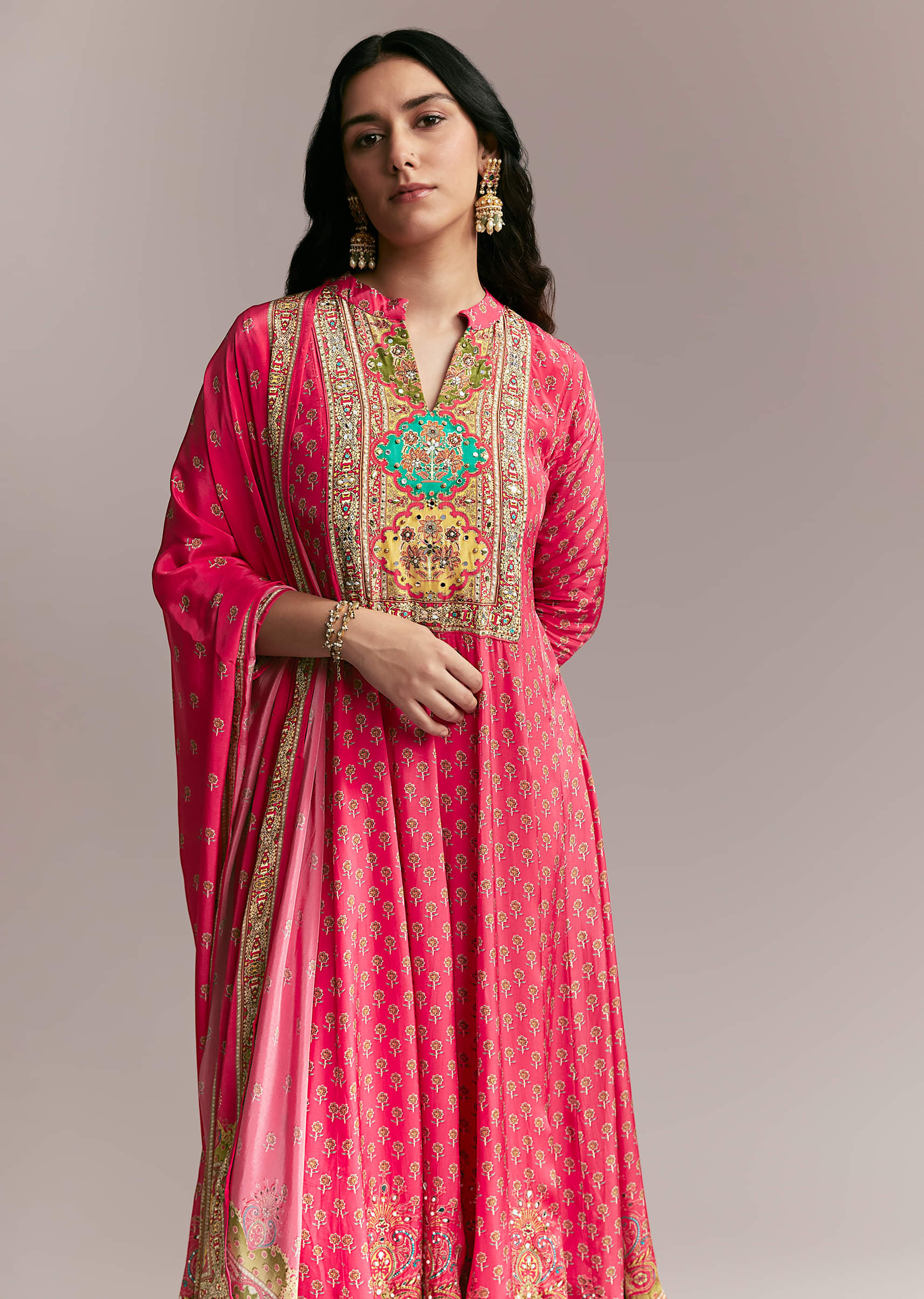 Pink Printed Crepe Anarkali Set
