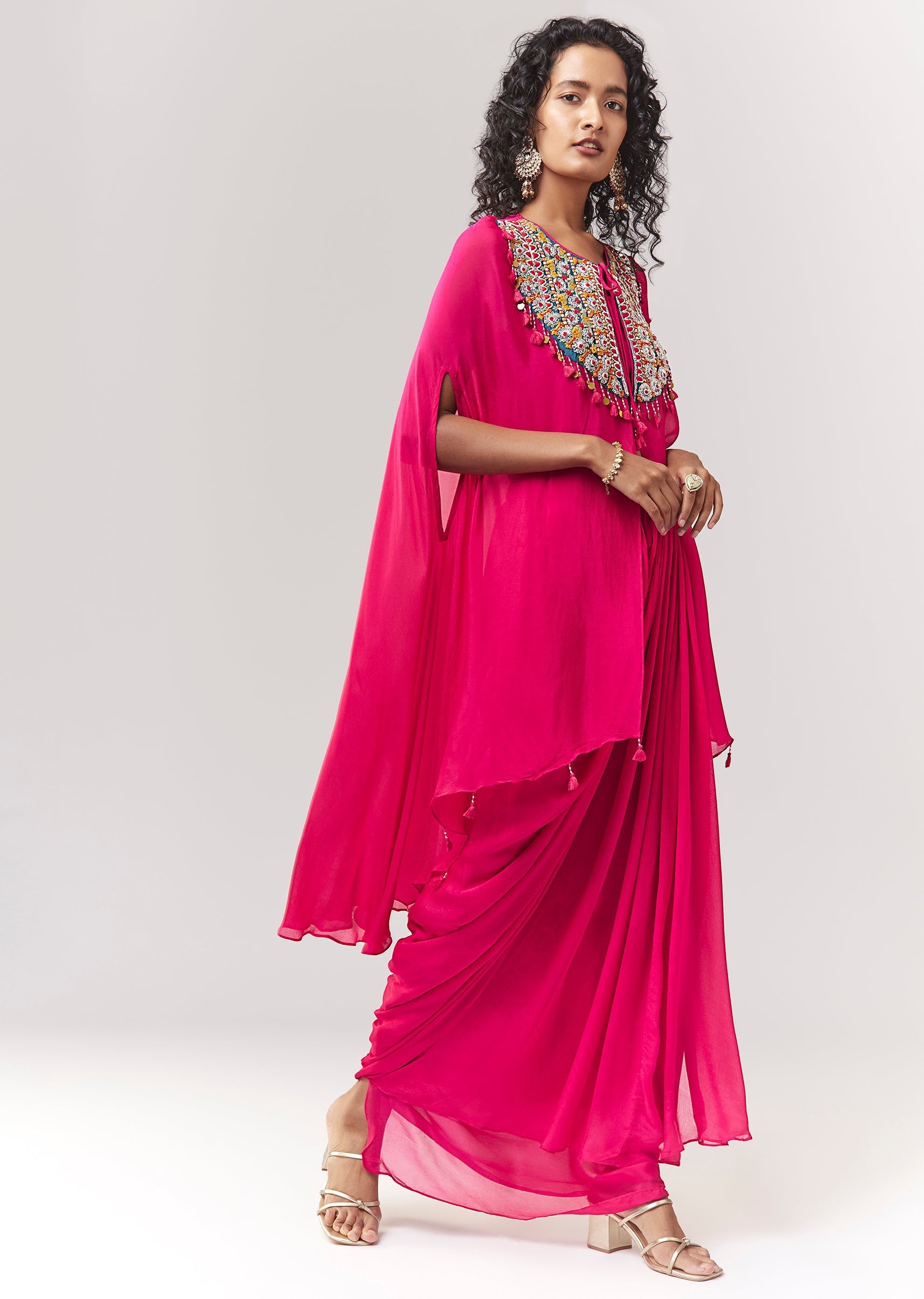 Pink Thread And Silver Zardosi Cape Set With Skirt